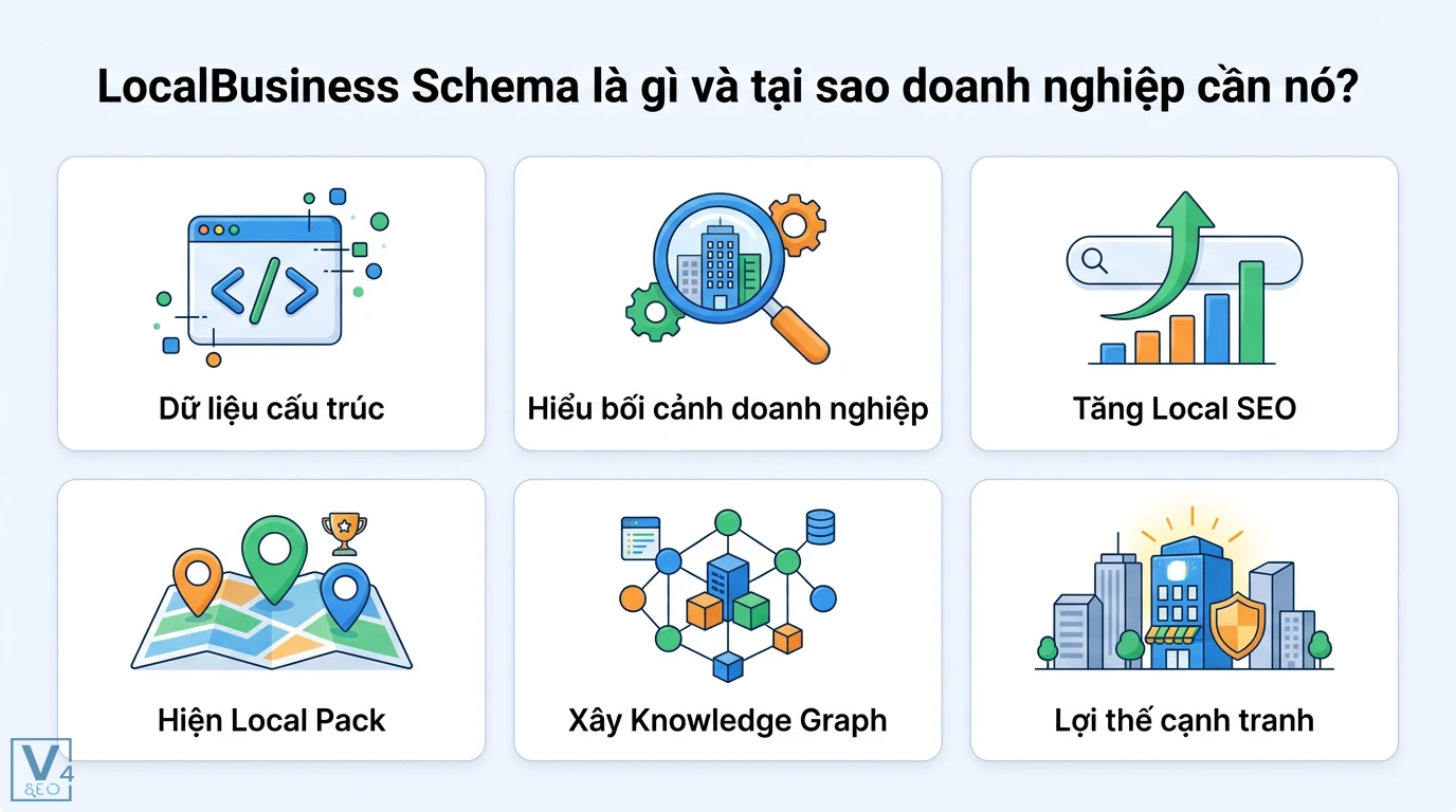 LocalBusiness Schema cho doanh nghiệp địa phương và mẫu JSON-LD 1 LocalBusiness Schema giúp tối ưu dữ liệu cấu trúc, tăng Local SEO, hiện Local Pack, xây Knowledge Graph và tạo lợi thế cạnh tranh doanh nghiệp