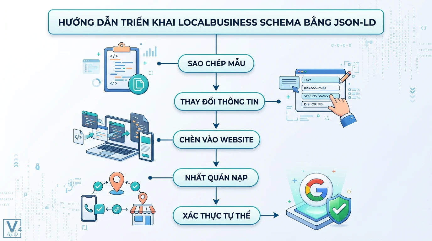 LocalBusiness Schema cho doanh nghiệp địa phương và mẫu JSON-LD 2 Triển khai LocalBusiness Schema bằng JSON-LD qua các bước sao chép mẫu, thay đổi thông tin, nhất quán NAP và xác thực thực thể trên Google