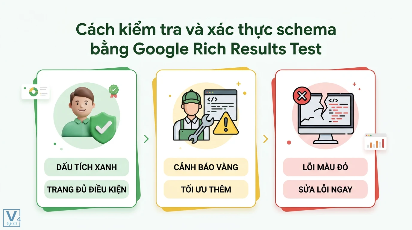LocalBusiness Schema cho doanh nghiệp địa phương và mẫu JSON-LD 3 Xác thực schema bằng Google Rich Results Test hiển thị kết quả trang đủ điều kiện, cảnh báo vàng cần tối ưu hoặc lỗi màu đỏ cần sửa ngay