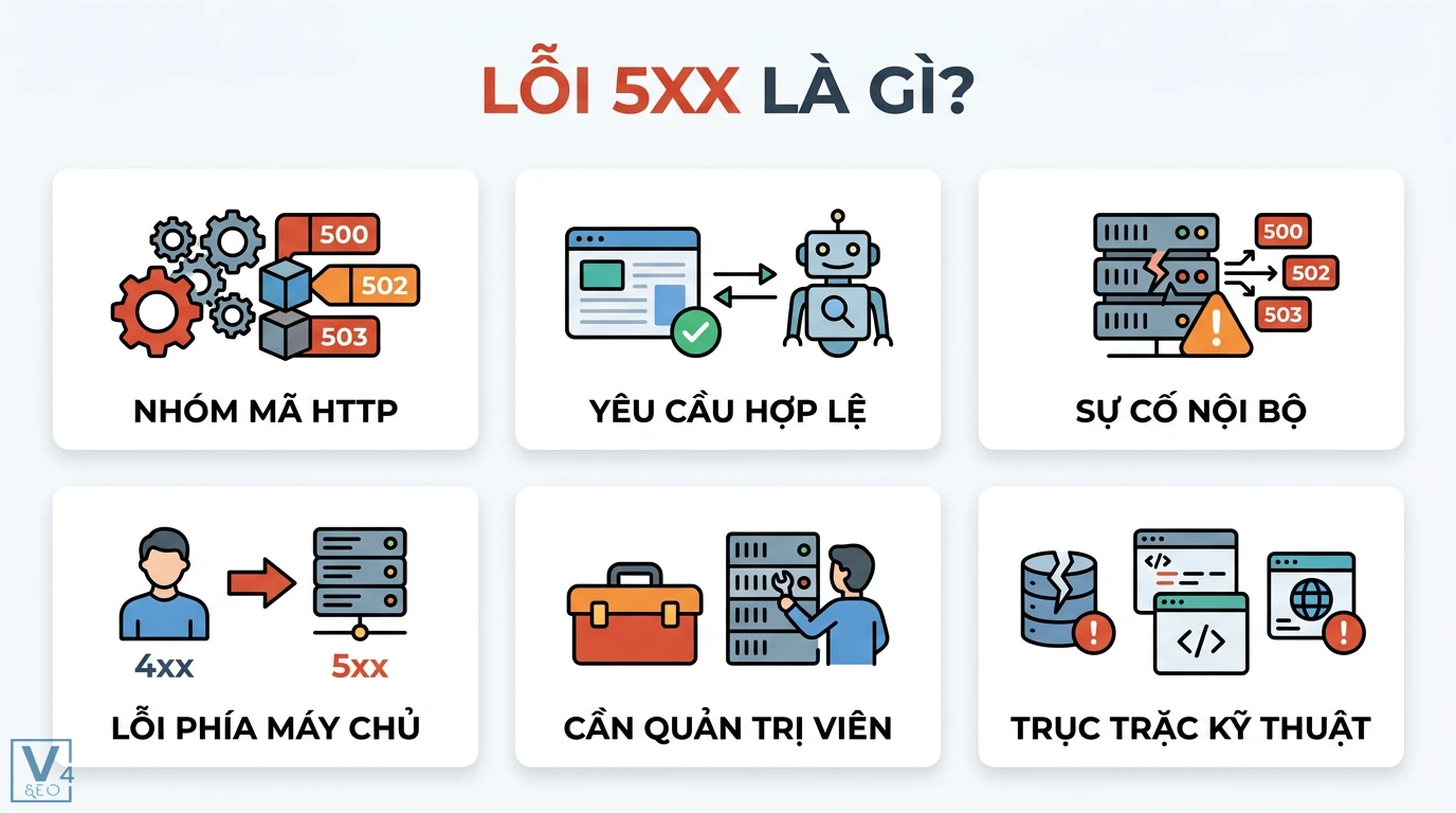 Lỗi 5xx là gì? Hướng dẫn sửa lỗi máy chủ và Google Search Console 1 Lỗi 5xx gồm các mã HTTP 500, 502, 503 biểu thị sự cố nội bộ phía máy chủ, trục trặc kỹ thuật cần quản trị viên hệ thống trực tiếp xử lý