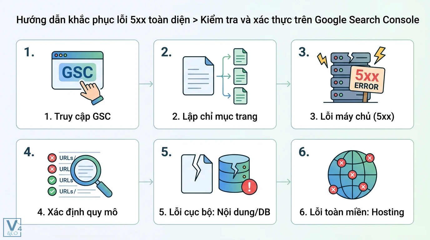 Lỗi 5xx là gì? Hướng dẫn sửa lỗi máy chủ và Google Search Console 2 Quy trình xác định lỗi 5xx trên Google Search Console thông qua báo cáo lập chỉ mục để phân biệt lỗi cục bộ và sự cố hosting trên toàn tên miền