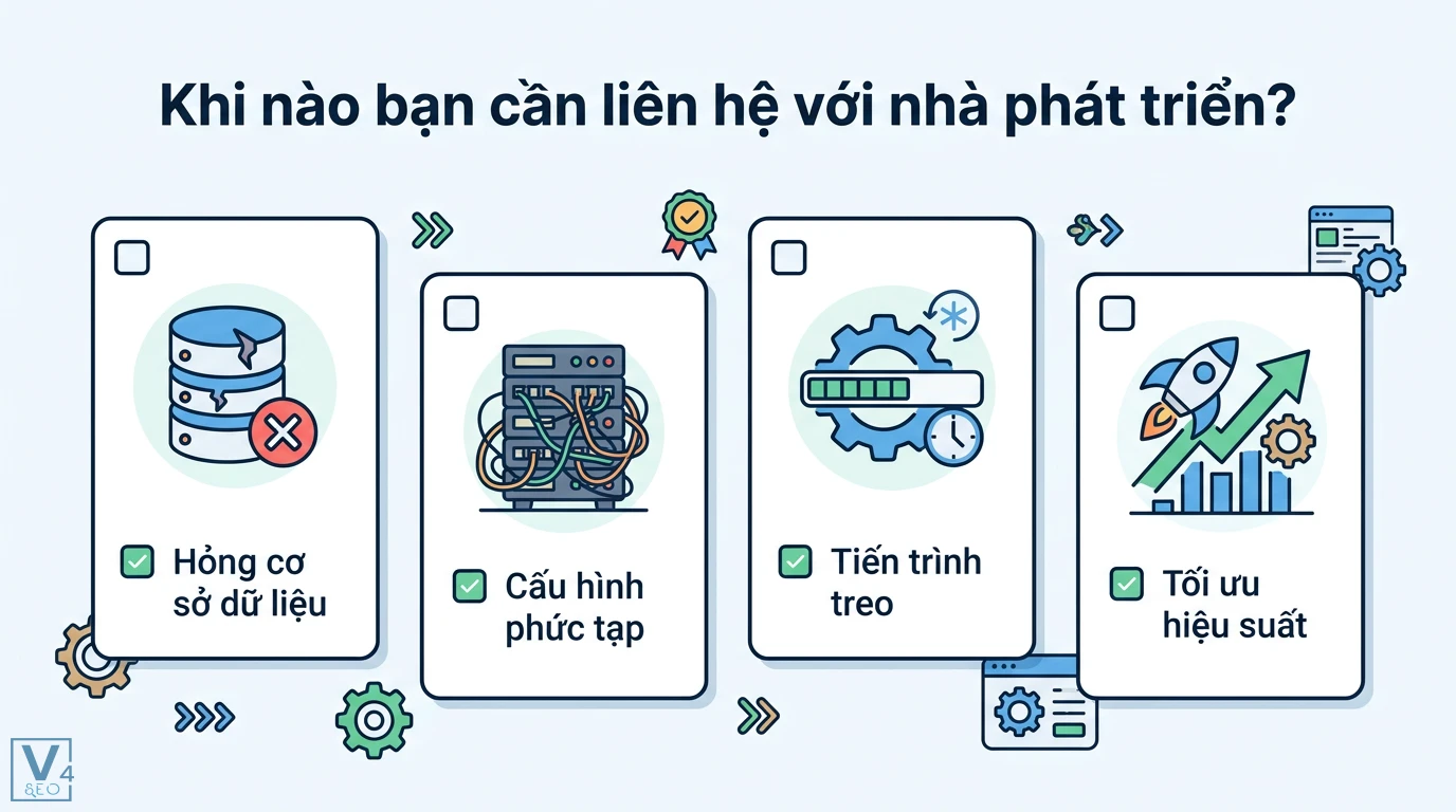 Lỗi 5xx là gì? Hướng dẫn sửa lỗi máy chủ và Google Search Console 3 Các trường hợp cần liên hệ nhà phát triển gồm hỏng cơ sở dữ liệu, cấu hình phức tạp, tiến trình treo và tối ưu hiệu suất