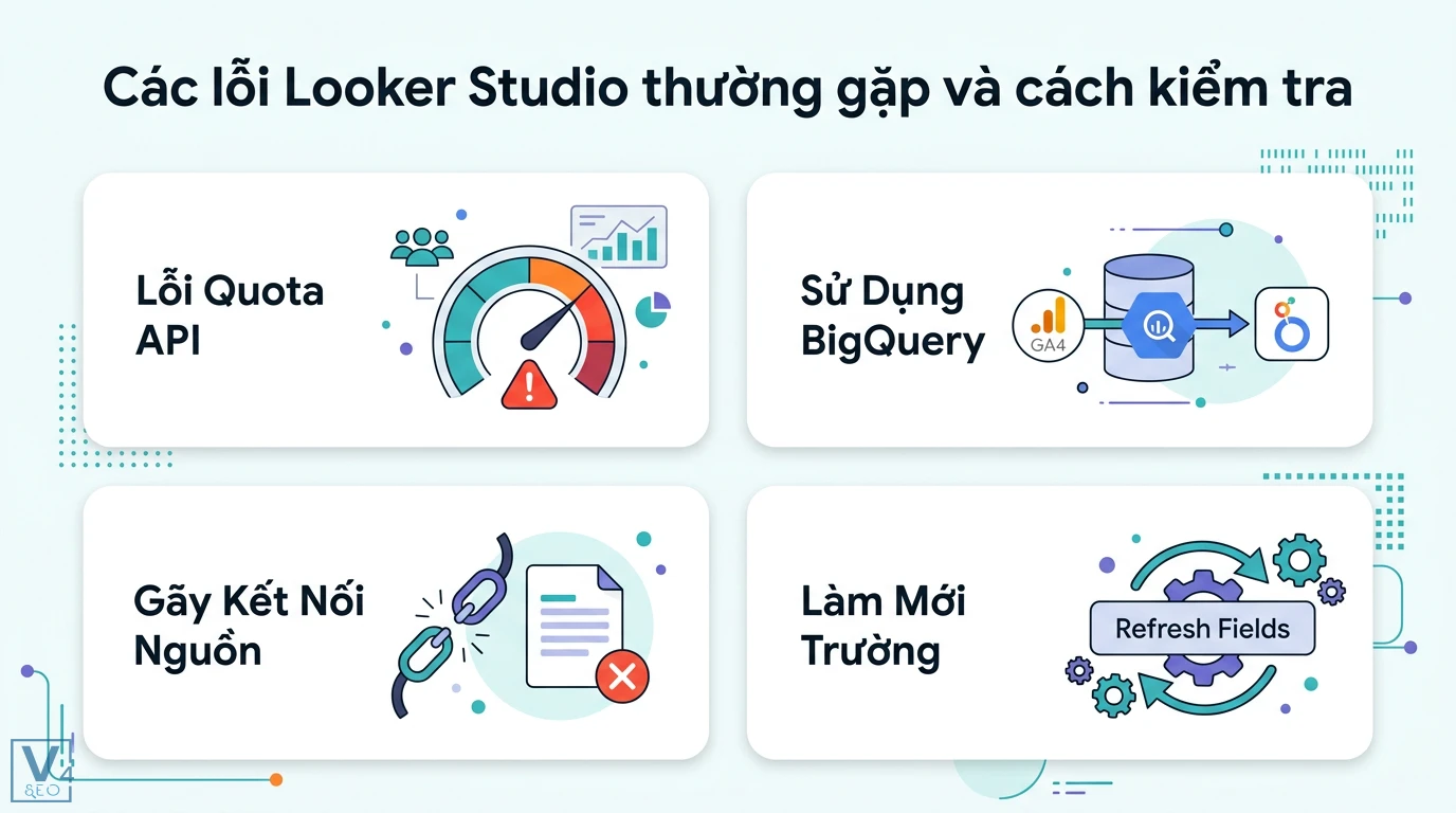 Looker Studio là gì? Hướng dẫn toàn diện và so sánh với Power BI 2 Lỗi Looker Studio thường gặp gồm Quota API và gãy kết nối nguồn cùng giải pháp sử dụng BigQuery hoặc làm mới trường dữ liệu Refresh Fields