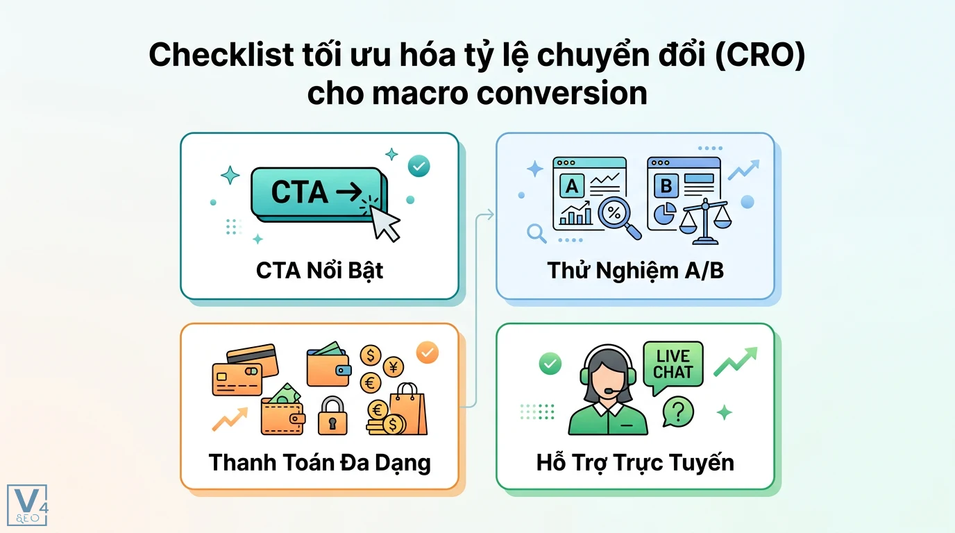 Macro conversion là gì? Phân biệt và cách tối ưu phễu marketing 3 Checklist tối ưu hóa tỷ lệ chuyển đổi CRO gồm CTA nổi bật, thử nghiệm A/B, thanh toán đa dạng và hỗ trợ trực tuyến cho macro conversion