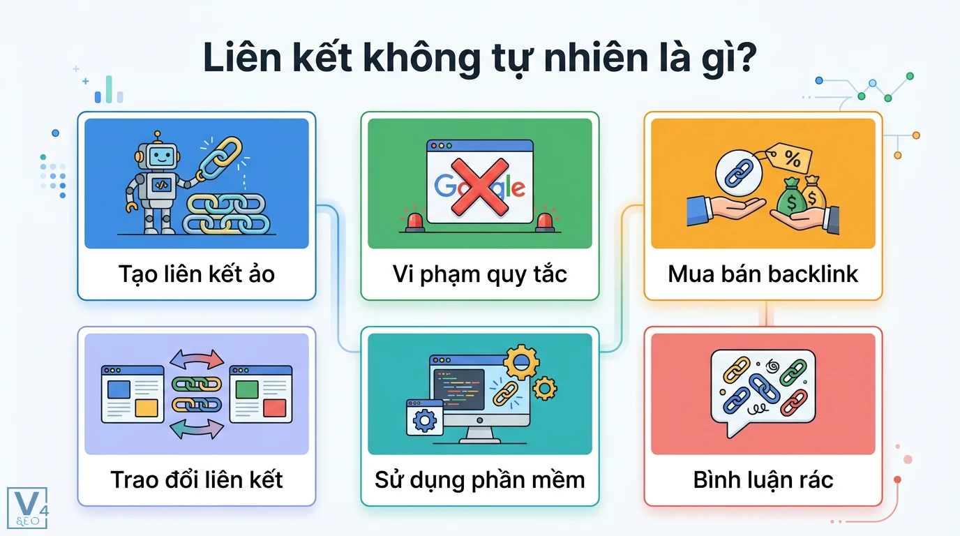 Manual action link không tự nhiên là gì? Lộ trình gỡ phạt Google 1 Liên kết không tự nhiên vi phạm quy tắc Google qua mua bán backlink, trao đổi liên kết, dùng phần mềm tạo link ảo và phát tán bình luận rác