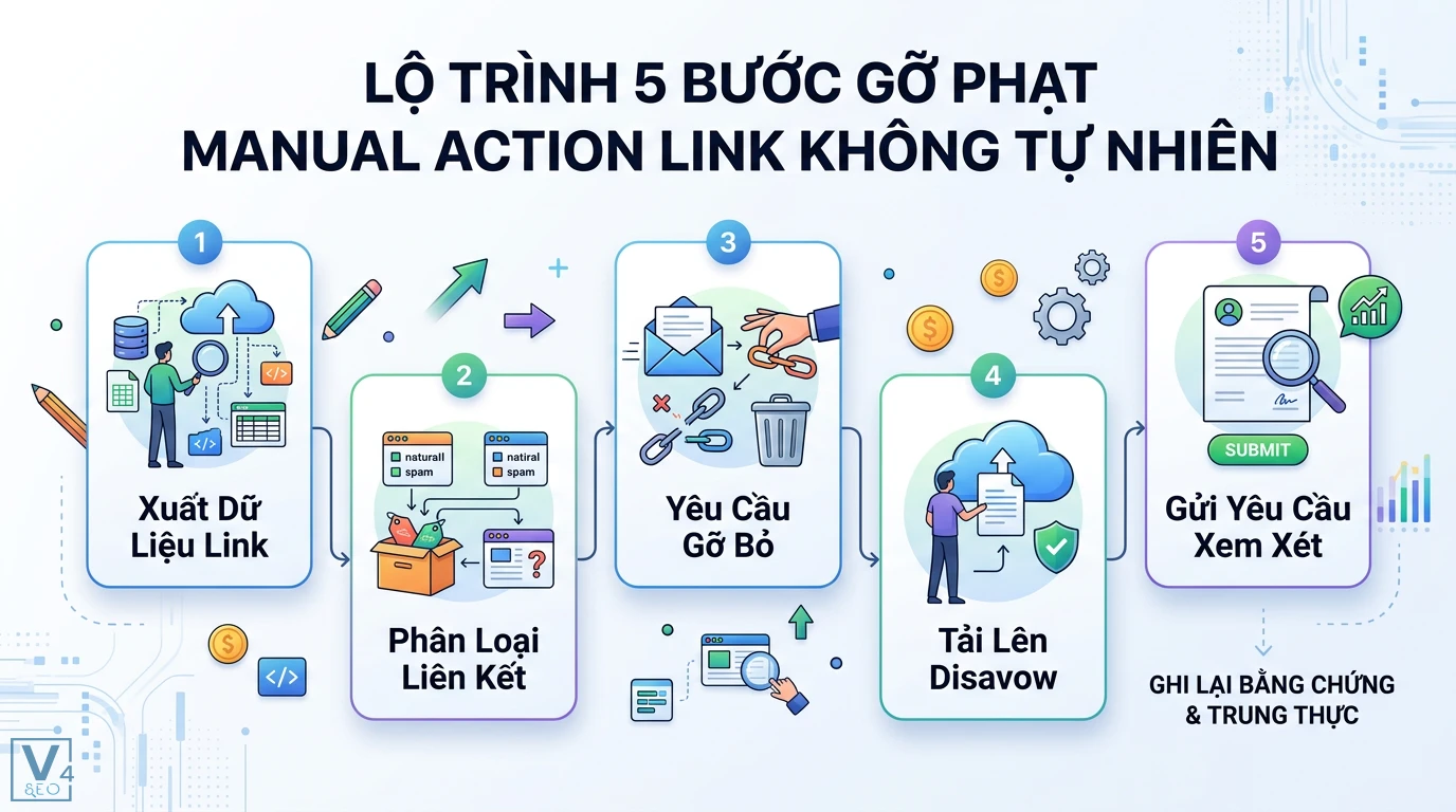 Manual action link không tự nhiên là gì? Lộ trình gỡ phạt Google 2 Lộ trình gỡ phạt manual action link không tự nhiên gồm xuất dữ liệu, phân loại liên kết, yêu cầu gỡ bỏ, tải lên disavow và gửi yêu cầu xem xét lại