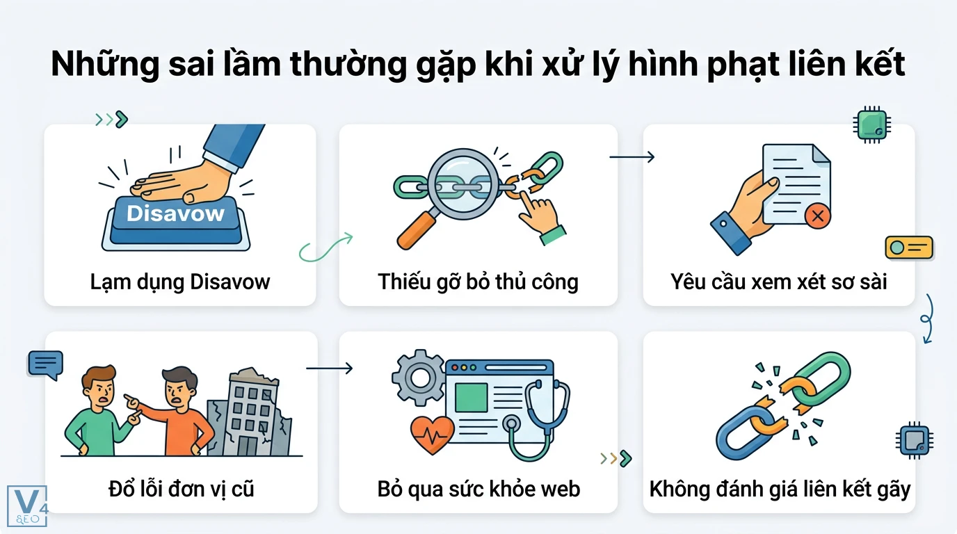 Manual action link không tự nhiên là gì? Lộ trình gỡ phạt Google 3 Sai lầm xử lý hình phạt liên kết gồm lạm dụng Disavow, thiếu gỡ bỏ thủ công, đổ lỗi đơn vị cũ và bỏ qua kiểm tra sức khỏe tổng thể website