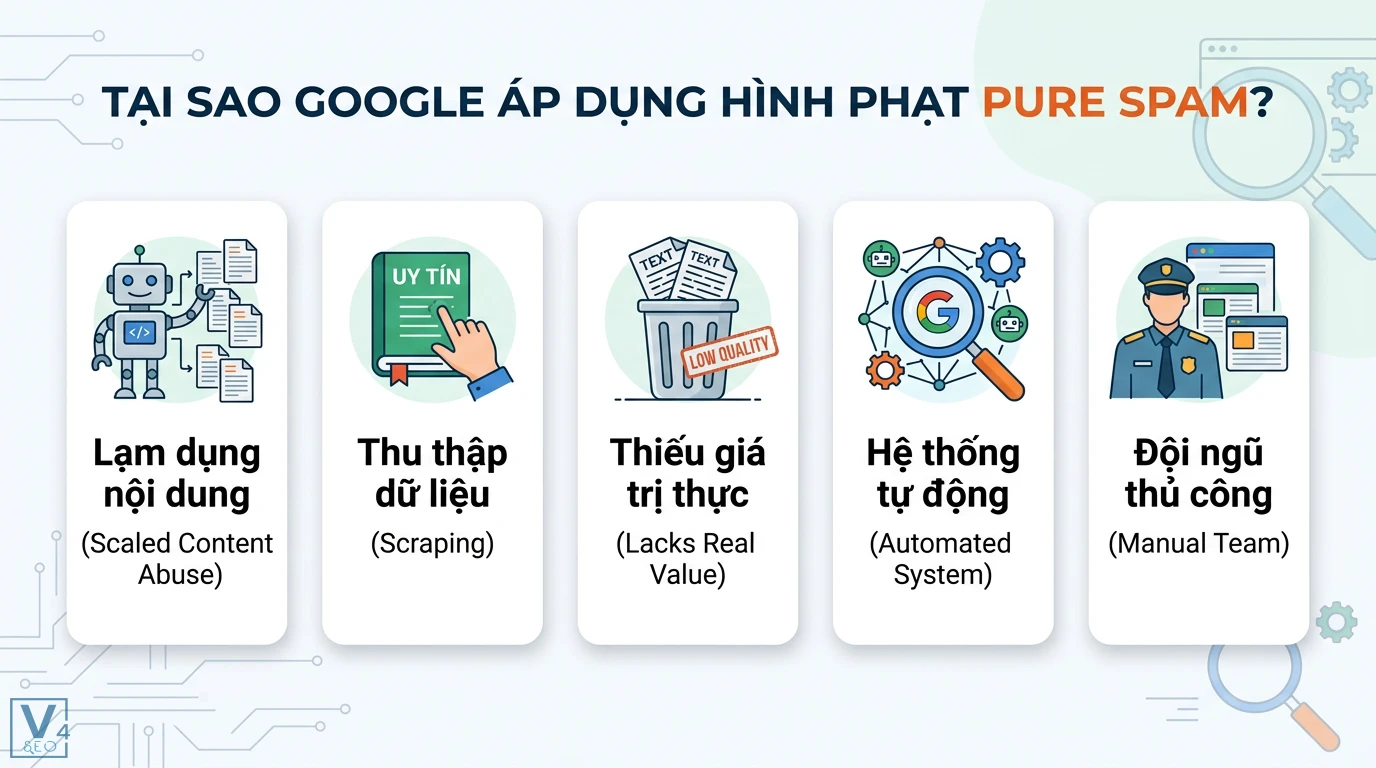 Manual action pure spam là gì? Quy trình gỡ án phạt nội dung rác 1 Nguyên nhân hình phạt pure spam từ lạm dụng nội dung, scraping, thiếu giá trị thực và quy trình phát hiện tự động kết hợp đội ngũ thủ công