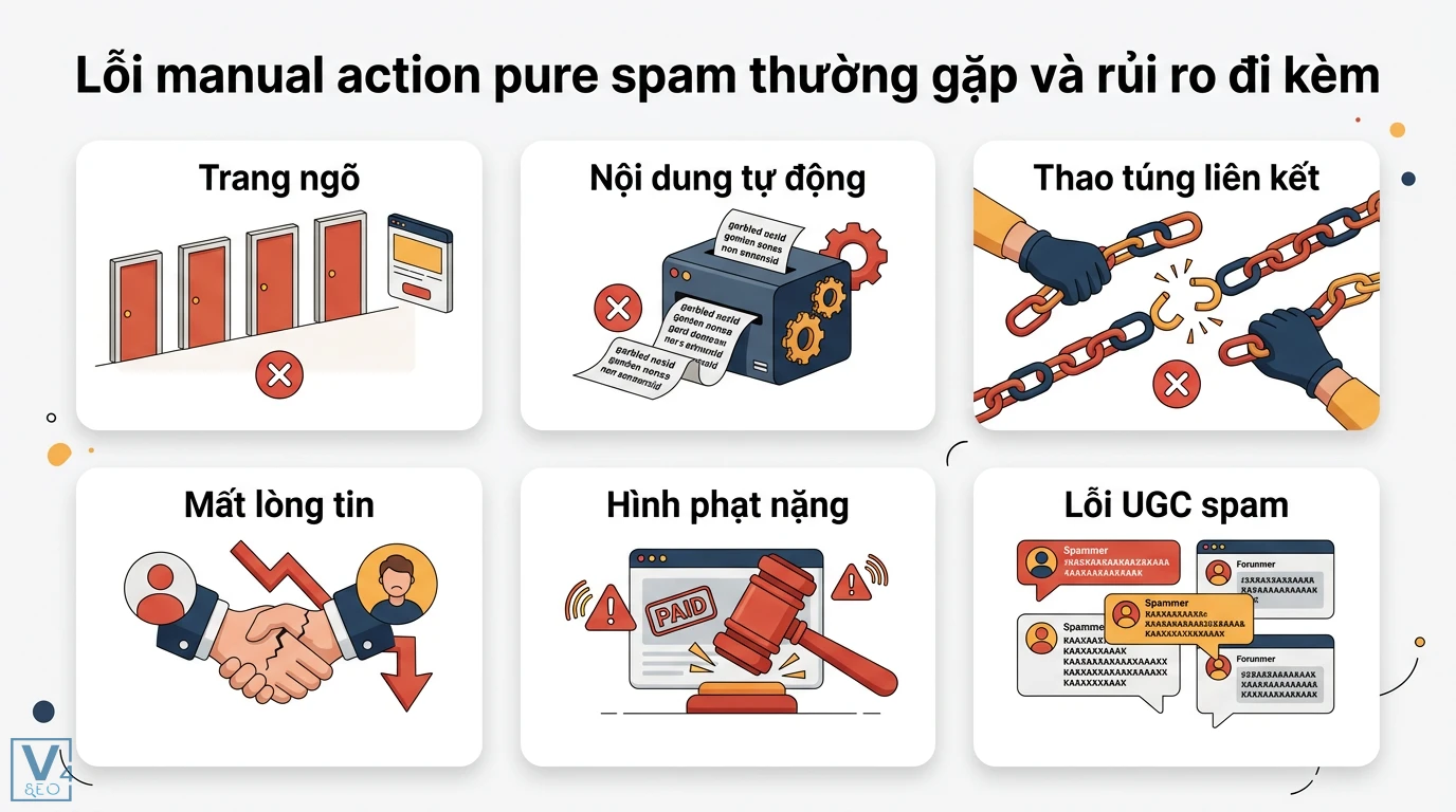 Manual action pure spam là gì? Quy trình gỡ án phạt nội dung rác 2 Lỗi manual action pure spam gồm trang ngõ, nội dung tự động, thao túng liên kết và UGC spam gây rủi ro bị hình phạt nặng cùng mất lòng tin