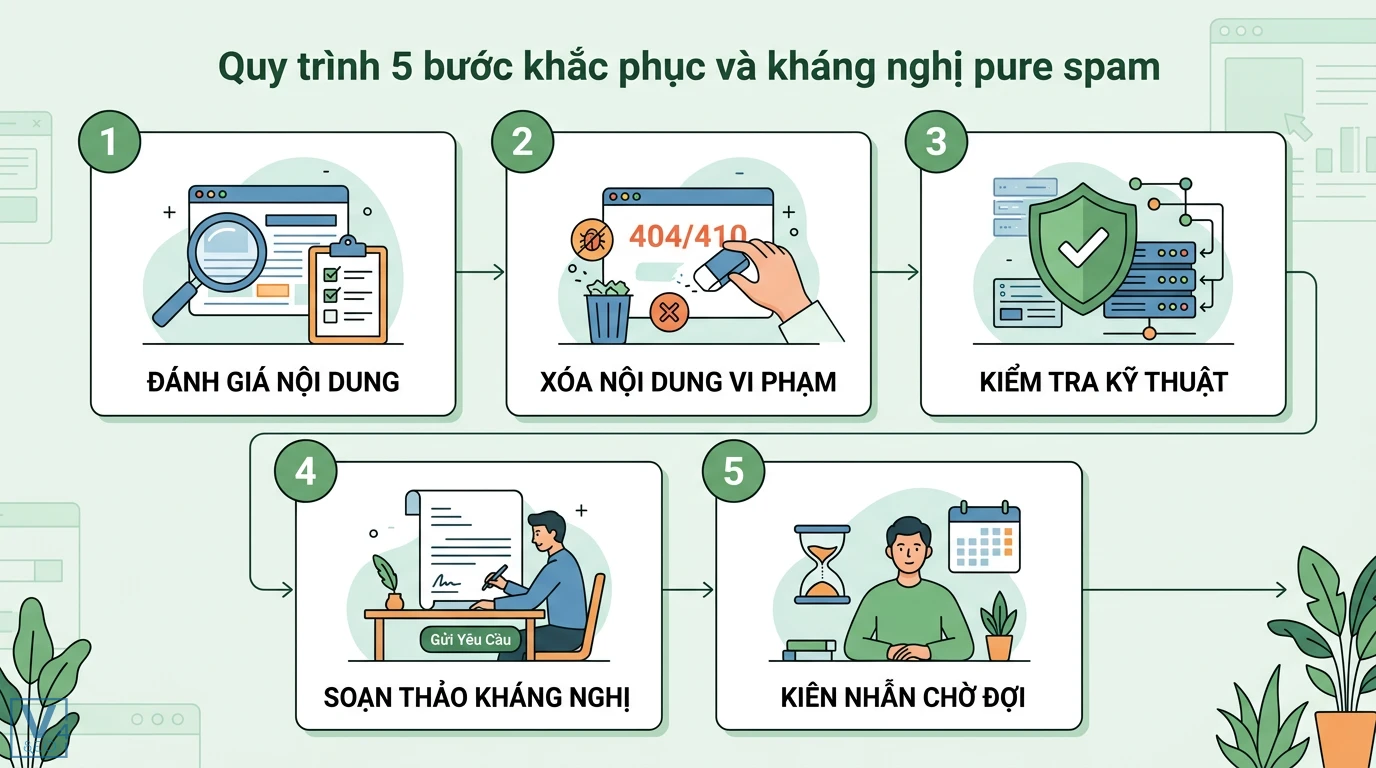 Manual action pure spam là gì? Quy trình gỡ án phạt nội dung rác 3 Quy trình 5 bước khắc phục pure spam gồm đánh giá nội dung, xóa mã lỗi 404/410, rà soát kỹ thuật, soạn thảo kháng nghị và kiên nhẫn chờ đợi