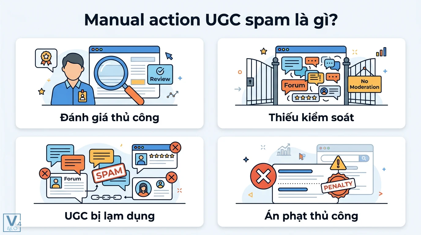 Manual action UGC spam là gì? Cách xử lý án phạt nội dung từ Google 1 Manual action UGC spam là quy trình Google đánh giá thủ công nội dung người dùng tạo bị lạm dụng, thiếu kiểm soát khiến website bị nhận án phạt