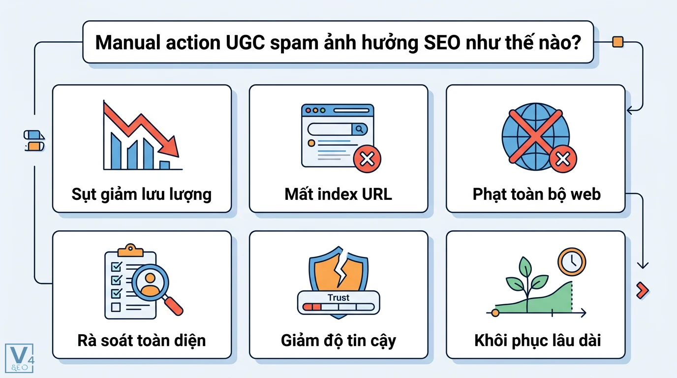 Manual action UGC spam là gì? Cách xử lý án phạt nội dung từ Google 2 Manual action UGC spam gây sụt giảm lưu lượng, mất index URL, phạt toàn bộ trang web, giảm độ tin cậy và quá trình rà soát khôi phục lâu dài