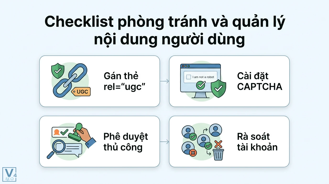 Manual action UGC spam là gì? Cách xử lý án phạt nội dung từ Google 3 Checklist quản lý nội dung người dùng bằng cách gán thẻ rel=ugc, cài đặt CAPTCHA, phê duyệt thủ công và rà soát tài khoản để chặn nội dung rác