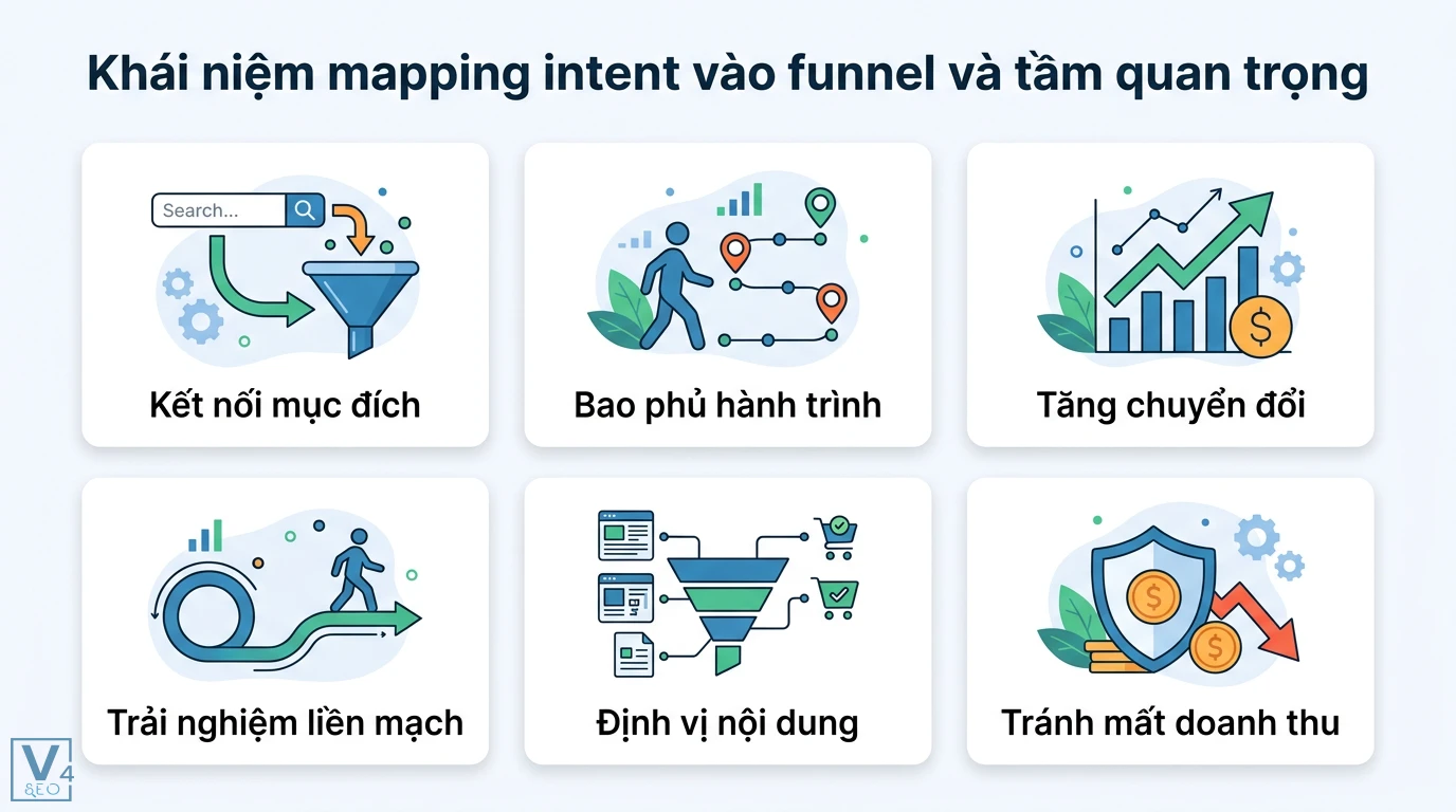 Mapping Intent → Funnel: phương pháp 3 bước tối ưu chuyển đổi 1 Mapping intent vào funnel giúp kết nối mục đích, bao phủ hành trình, định vị nội dung để tối ưu trải nghiệm, tăng chuyển đổi và doanh thu