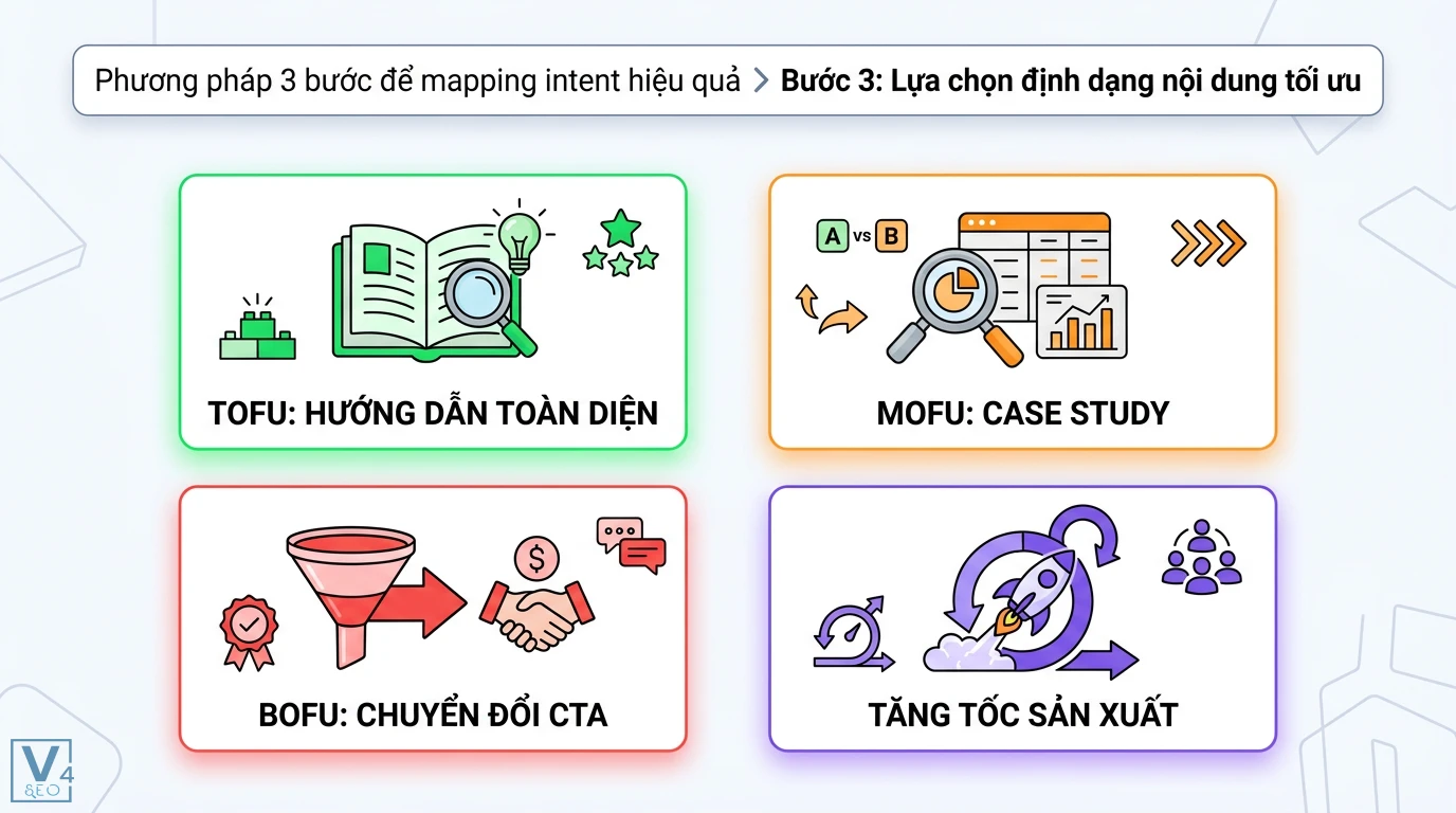 Mapping Intent → Funnel: phương pháp 3 bước tối ưu chuyển đổi 2 Lựa chọn định dạng nội dung TOFU hướng dẫn toàn diện, MOFU case study, BOFU chuyển đổi CTA và quy trình Agile tăng tốc sản xuất nội dung SEO
