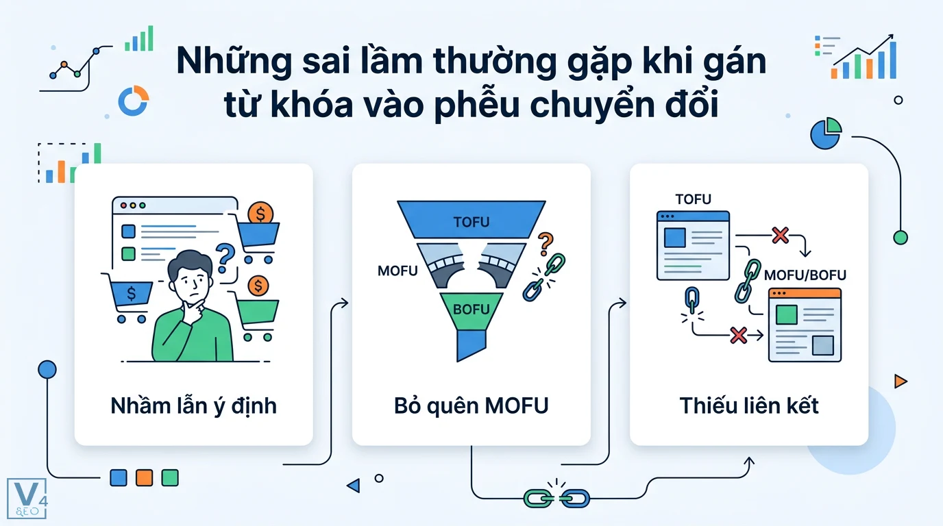 Mapping Intent → Funnel: phương pháp 3 bước tối ưu chuyển đổi 3 Sai lầm khi gán từ khóa vào phễu chuyển đổi gồm nhầm lẫn ý định tìm kiếm, bỏ qua giai đoạn MOFU và thiếu liên kết nội bộ dẫn dắt khách hàng