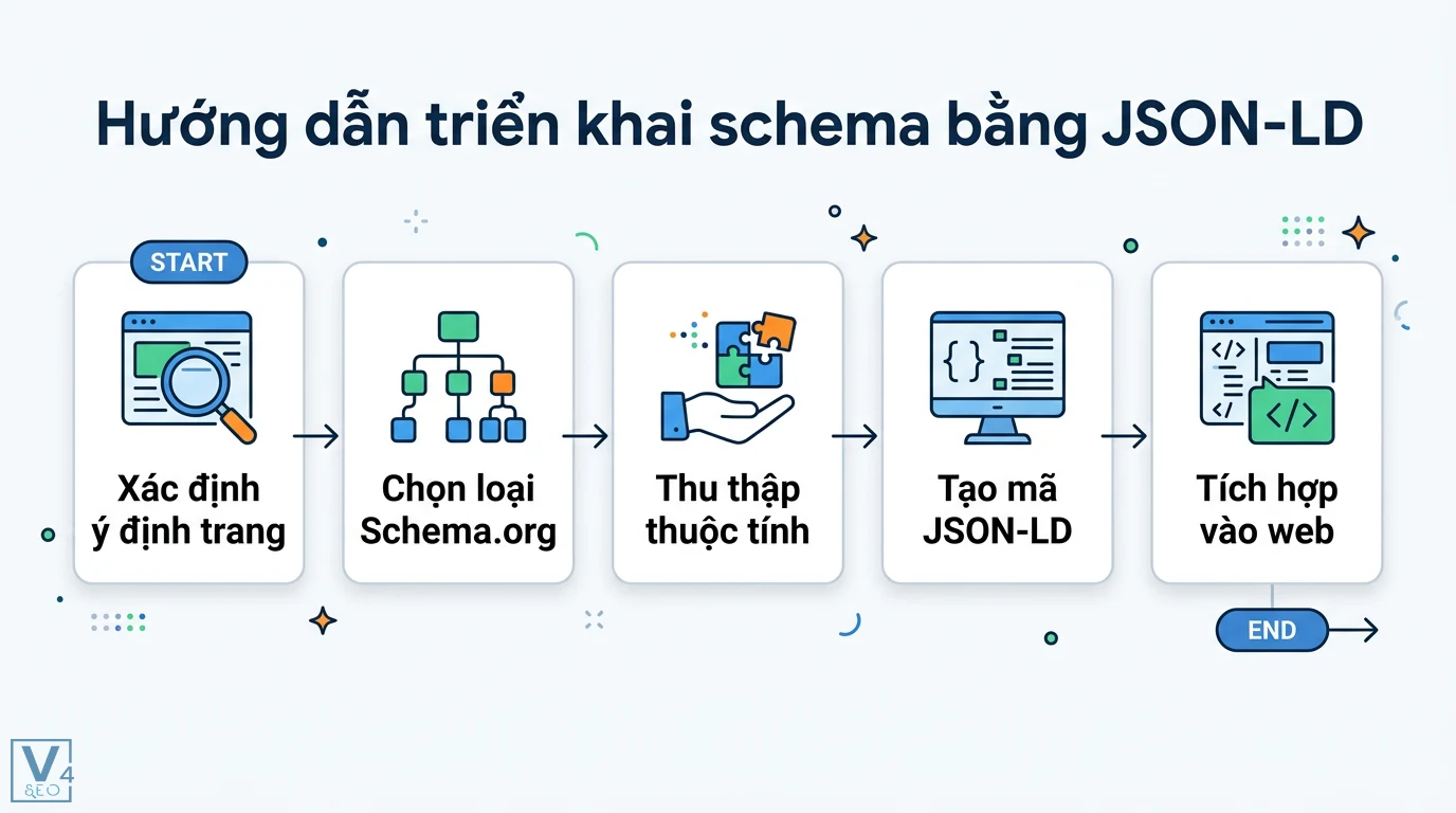 Markup thân thiện schema là gì? Hướng dẫn JSON-LD và Rich Results 2 Các bước triển khai schema JSON-LD gồm xác định ý định trang, chọn loại Schema.org, thu thập thuộc tính, tạo mã và tích hợp vào website