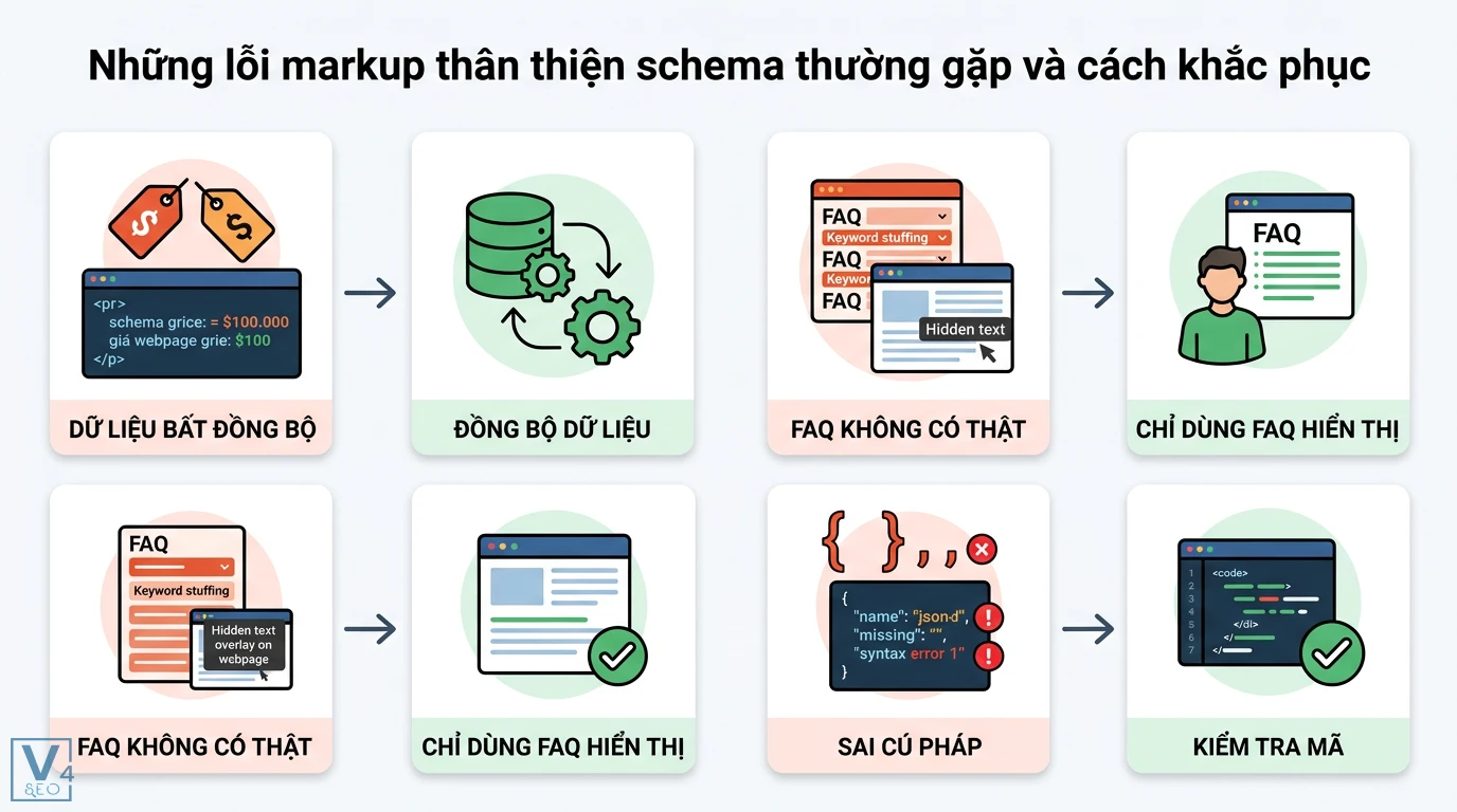 Markup thân thiện schema là gì? Hướng dẫn JSON-LD và Rich Results 3 Khắc phục lỗi markup schema thường gặp như dữ liệu bất đồng bộ, lạm dụng FAQ và sai cú pháp JSON-LD bằng cách đồng bộ dữ liệu và kiểm tra mã nguồn