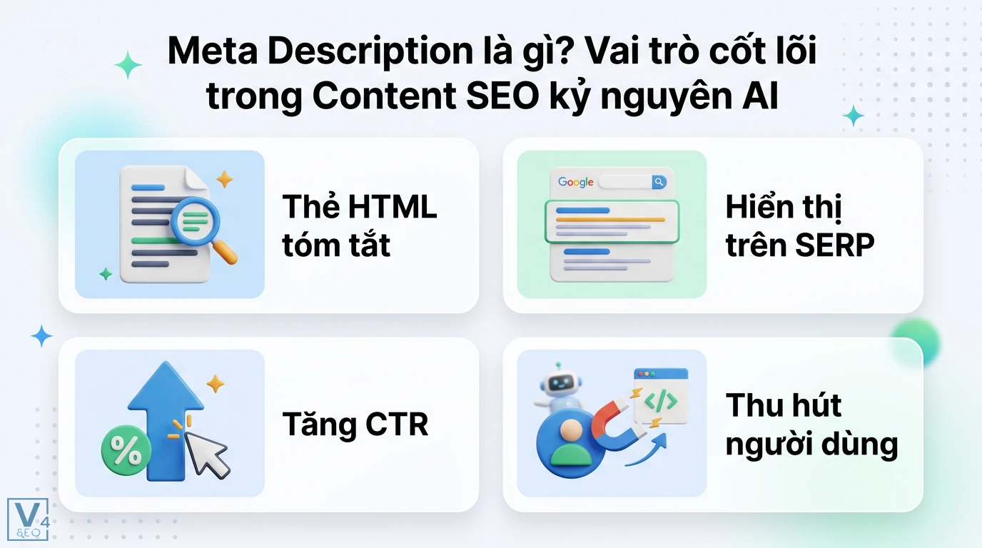 Meta Description là gì? Tối ưu thẻ mô tả Content SEO: Kỷ nguyên AI 1 Vai trò Meta Description trong SEO: thẻ HTML tóm tắt, hiển thị SERP, tăng CTR, và thu hút người dùng trong kỷ nguyên AI