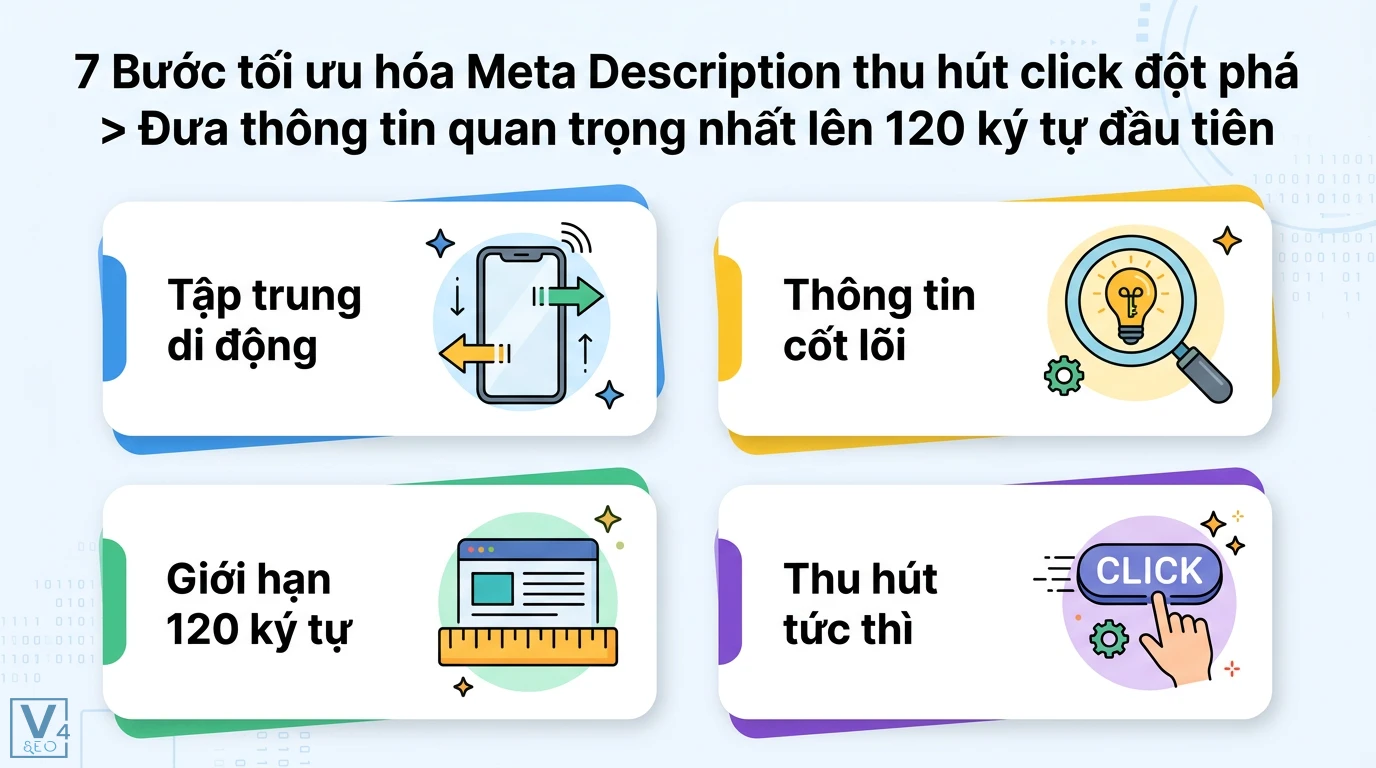 Meta Description là gì? Tối ưu thẻ mô tả Content SEO: Kỷ nguyên AI 2 Hướng dẫn tối ưu Meta Description tập trung di động, trình bày thông tin cốt lõi trong 120 ký tự để thu hút click tức thì