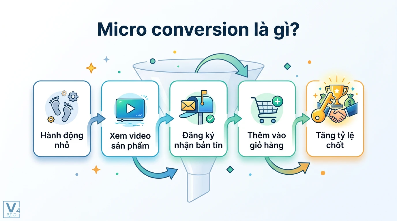 Micro conversion là gì? Chiến lược tối ưu phễu và đo lường GA4 1 Micro conversion gồm hành động xem video sản phẩm, đăng ký nhận bản tin, thêm vào giỏ hàng giúp tối ưu phễu chuyển đổi và tăng tỷ lệ chốt