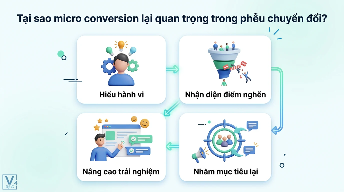 Micro conversion là gì? Chiến lược tối ưu phễu và đo lường GA4 2 Micro conversion giúp hiểu hành vi, nhận diện điểm nghẽn phễu chuyển đổi, nâng cao trải nghiệm người dùng và tối ưu nhắm mục tiêu lại