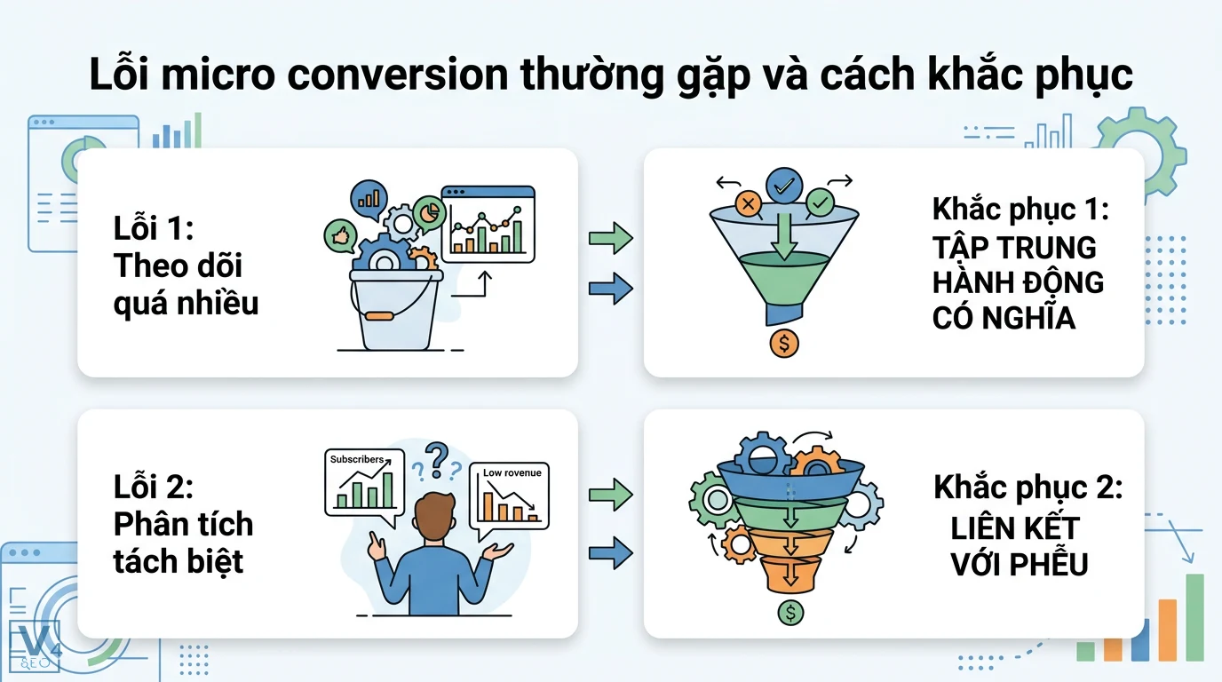 Micro conversion là gì? Chiến lược tối ưu phễu và đo lường GA4 3 Khắc phục lỗi micro conversion bằng cách tập trung vào hành động có ý nghĩa và liên kết dữ liệu đo lường với bối cảnh tổng thể của phễu