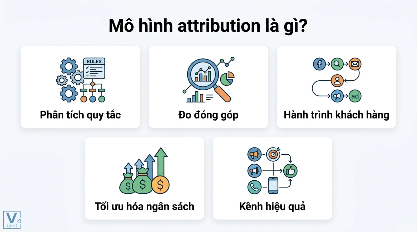 Mô hình attribution là gì? Cách chọn mô hình phù hợp quy mô doanh nghiệp 1 Mô hình attribution phân tích quy tắc và đo đóng góp trong hành trình khách hàng giúp tối ưu hóa ngân sách cùng các kênh tiếp thị hiệu quả