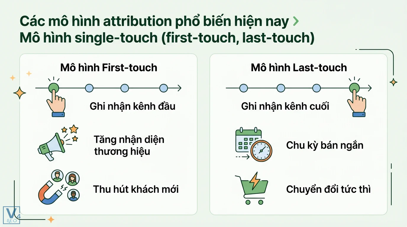 Mô hình attribution là gì? Cách chọn mô hình phù hợp quy mô doanh nghiệp 2 Mô hình attribution First-touch ghi nhận kênh đầu để tăng nhận diện và Last-touch ghi nhận điểm chạm cuối giúp chuyển đổi tức thì