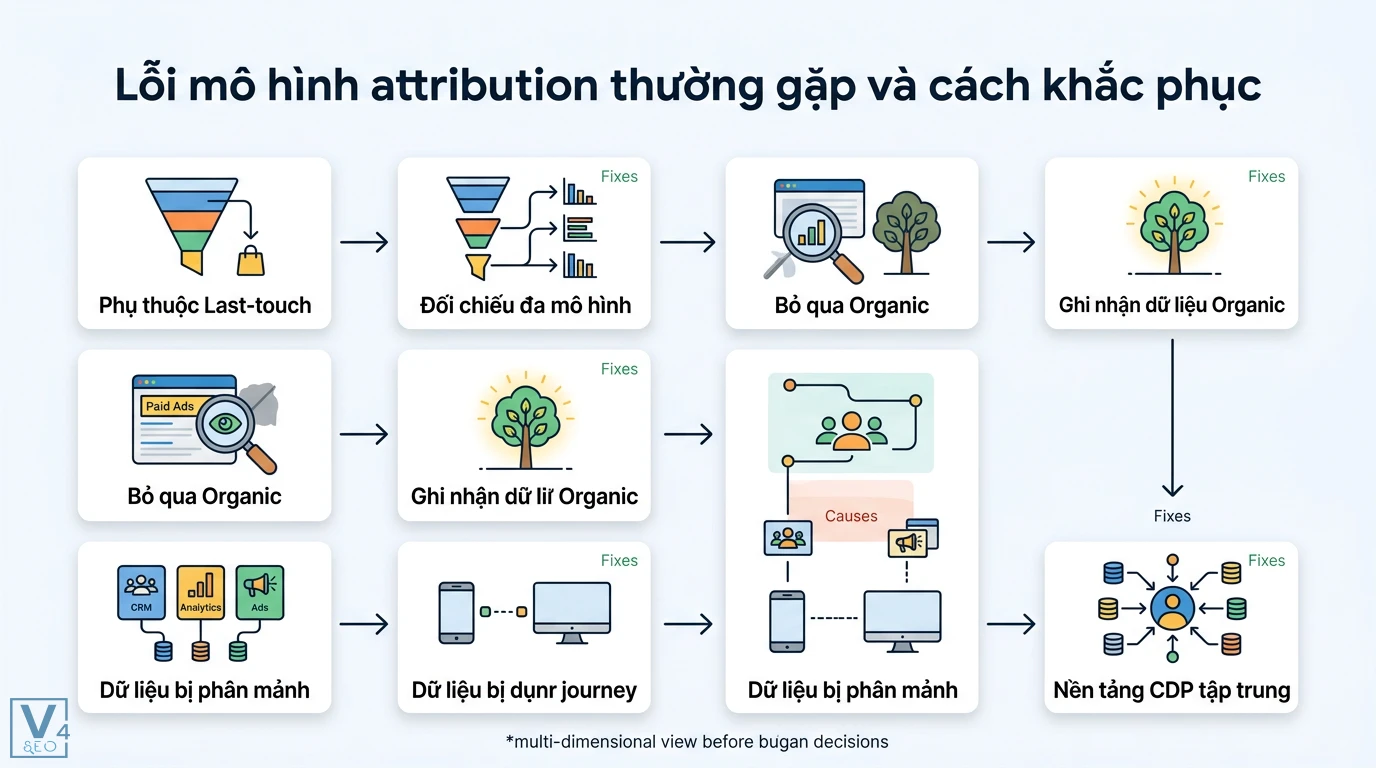 Mô hình attribution là gì? Cách chọn mô hình phù hợp quy mô doanh nghiệp 3 Lỗi mô hình attribution như phụ thuộc Last-touch, bỏ qua Organic, dữ liệu phân mảnh và cách khắc phục bằng nền tảng CDP tập trung