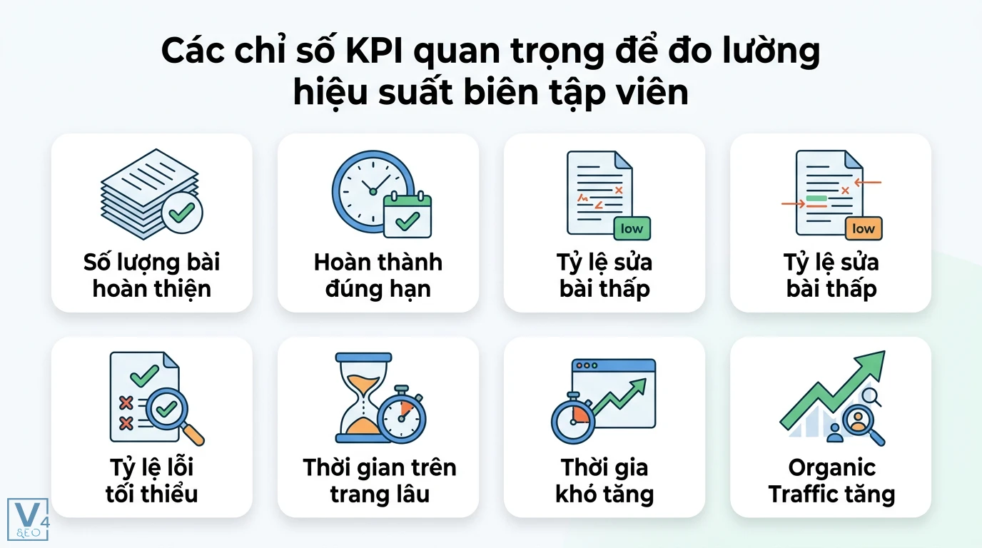 Cách thiết lập KPI & OKR cho biên tập viên kèm ví dụ thực tế 1 KPI đo lường hiệu suất biên tập viên gồm số lượng bài hoàn thiện, tiến độ đúng hạn, tỷ lệ sửa bài, thời gian trên trang và organic traffic