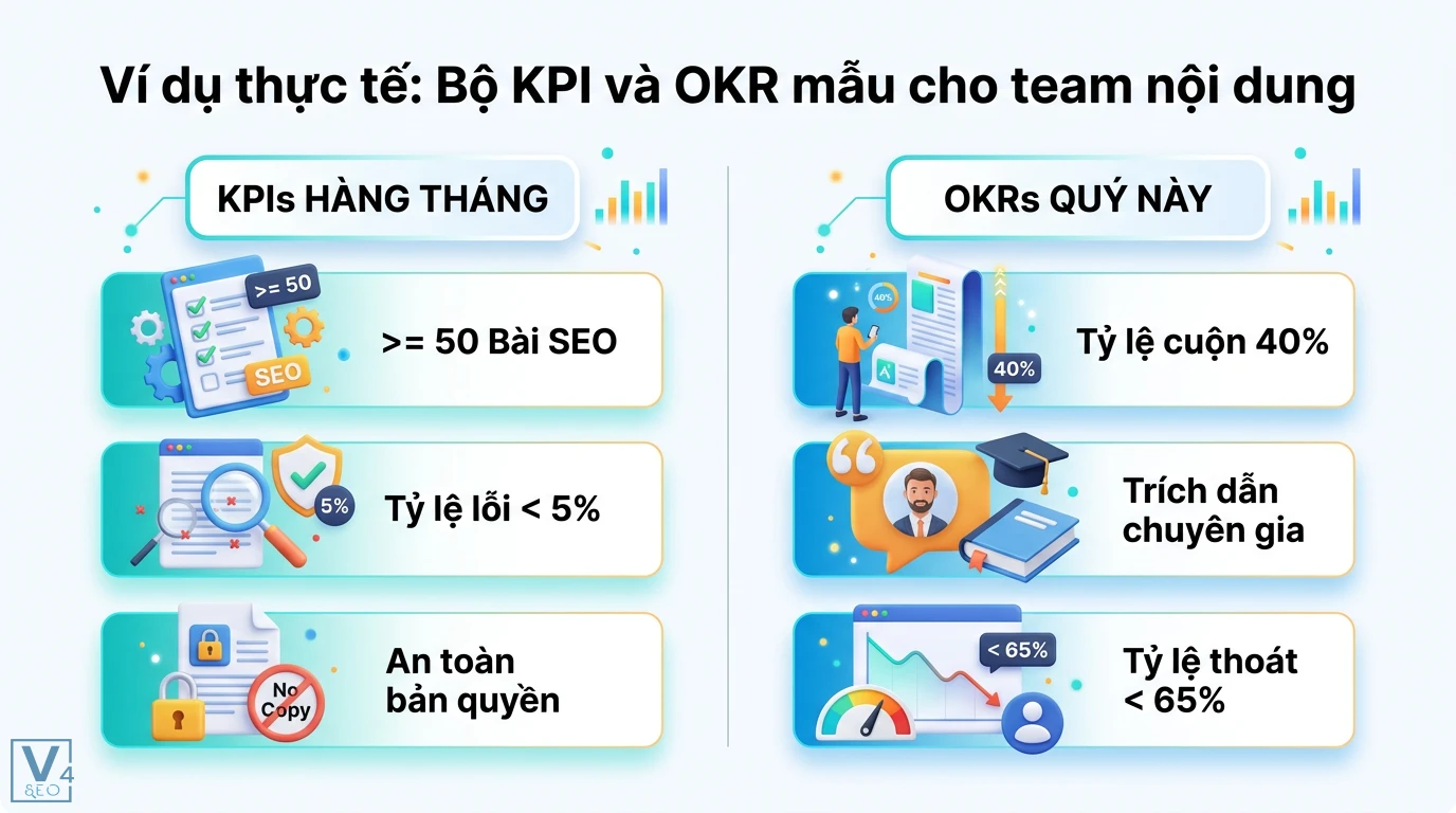 Cách thiết lập KPI & OKR cho biên tập viên kèm ví dụ thực tế 2 Bộ KPI và OKR mẫu cho team nội dung gồm chỉ tiêu 50 bài SEO, tỷ lệ lỗi dưới 5%, tỷ lệ cuộn 40%, trích dẫn chuyên gia và giảm tỷ lệ thoát