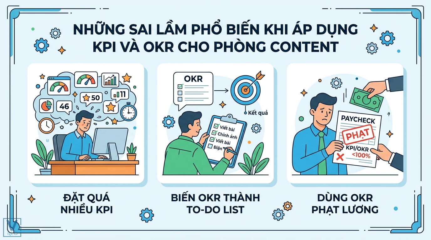 Cách thiết lập KPI & OKR cho biên tập viên kèm ví dụ thực tế 3 Sai lầm khi áp dụng KPI và OKR cho phòng content gồm đặt quá nhiều chỉ số, biến OKR thành to-do list và phạt lương khi không đạt mục tiêu