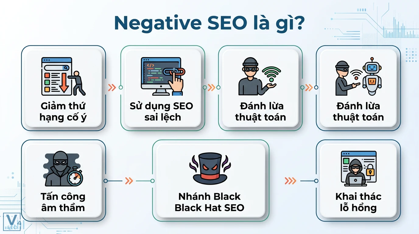 Negative SEO là gì? Hướng dẫn bảo vệ website khỏi chơi xấu 2026 1 Negative SEO thuộc nhánh Black Hat SEO chuyên giảm thứ hạng cố ý, sử dụng SEO sai lệch, đánh lừa thuật toán và âm thầm khai thác các lỗ hổng