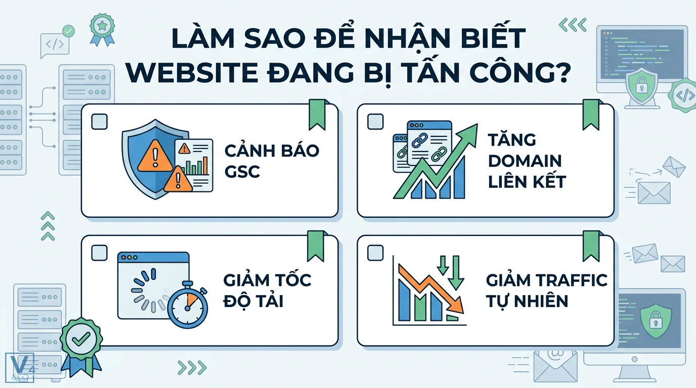 Negative SEO là gì? Hướng dẫn bảo vệ website khỏi chơi xấu 2026 2 Dấu hiệu website bị tấn công qua cảnh báo Google Search Console, tăng domain liên kết bất thường, giảm tốc độ tải và lưu lượng traffic tự nhiên