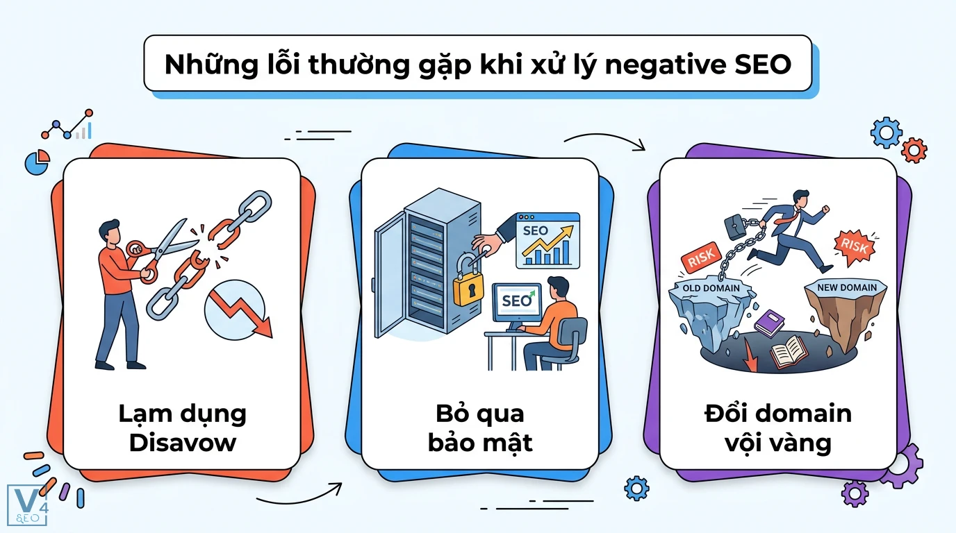 Negative SEO là gì? Hướng dẫn bảo vệ website khỏi chơi xấu 2026 3 Các lỗi xử lý negative SEO gồm lạm dụng Disavow gây tụt hạng, bỏ qua bảo mật máy chủ và rủi ro khi vội vàng thay đổi tên miền mới