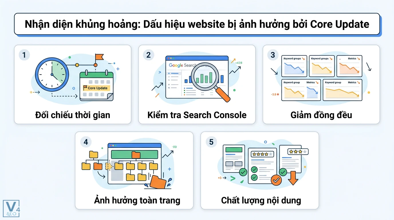 Nhận diện khủng hoảng SEO từ update Core và cách phục hồi 2026 5 Sai lầm khi xử lý khủng hoảng SEO như mất bình tĩnh, thay đổi URL, xóa nội dung, bơm link bẩn, sửa cấu trúc và can thiệp kỹ thuật quá mức