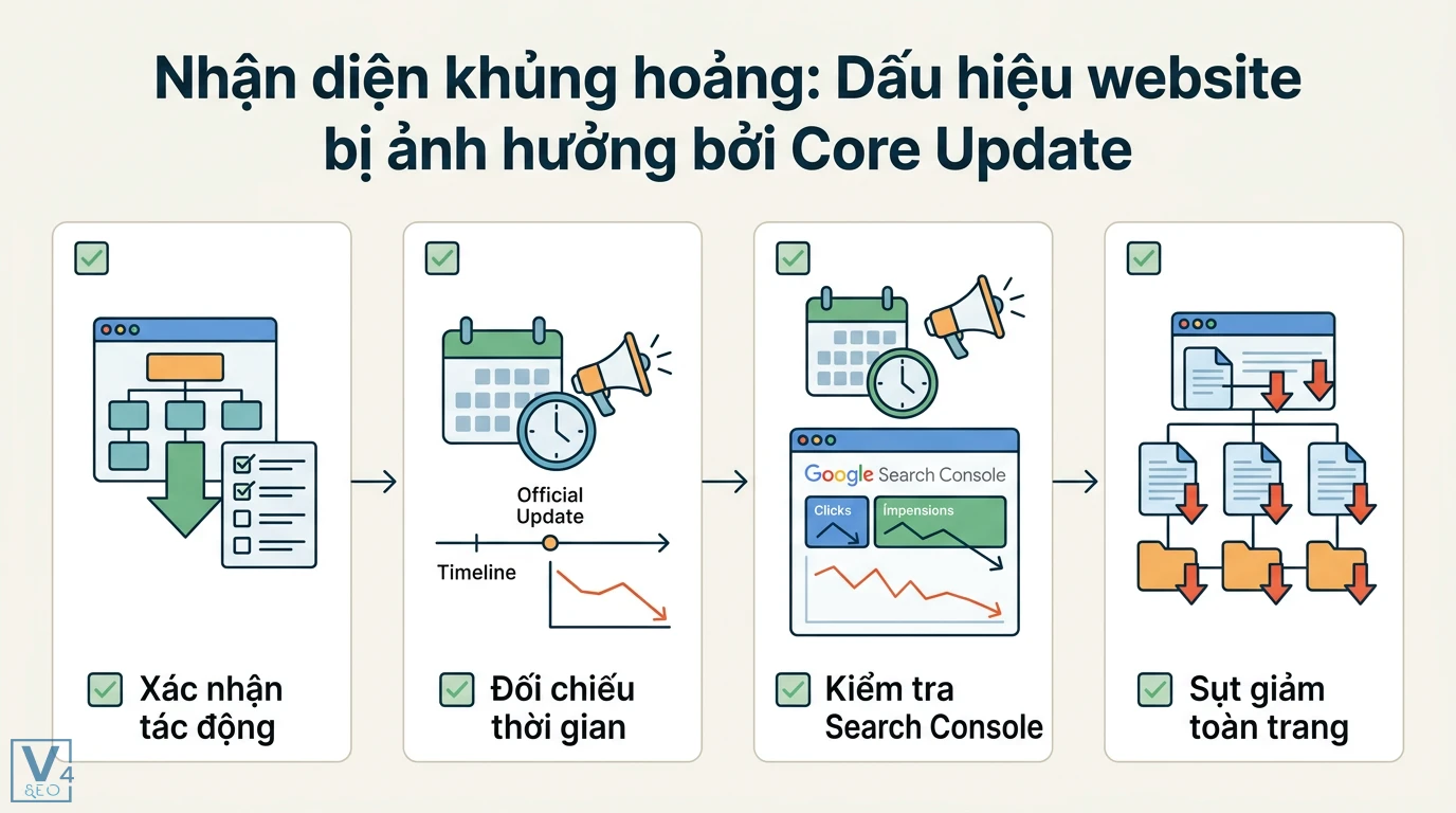 Nhận diện khủng hoảng SEO từ update Core và cách phục hồi 2026 3 Quy trình rà soát nội dung mỏng trùng lặp gồm lọc bài kém, gộp nội dung, cập nhật thông tin, chuyển hướng 301 và gỡ án phạt cho website