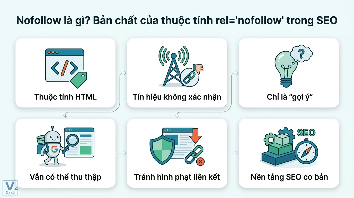 Nofollow là gì? Cách dùng rel="nofollow", sponsored và ugc chuẩn SEO 1 Bản chất thuộc tính rel=nofollow là tín hiệu không xác nhận, gợi ý Googlebot thu thập dữ liệu nhằm tránh hình phạt liên kết và củng cố nền tảng SEO