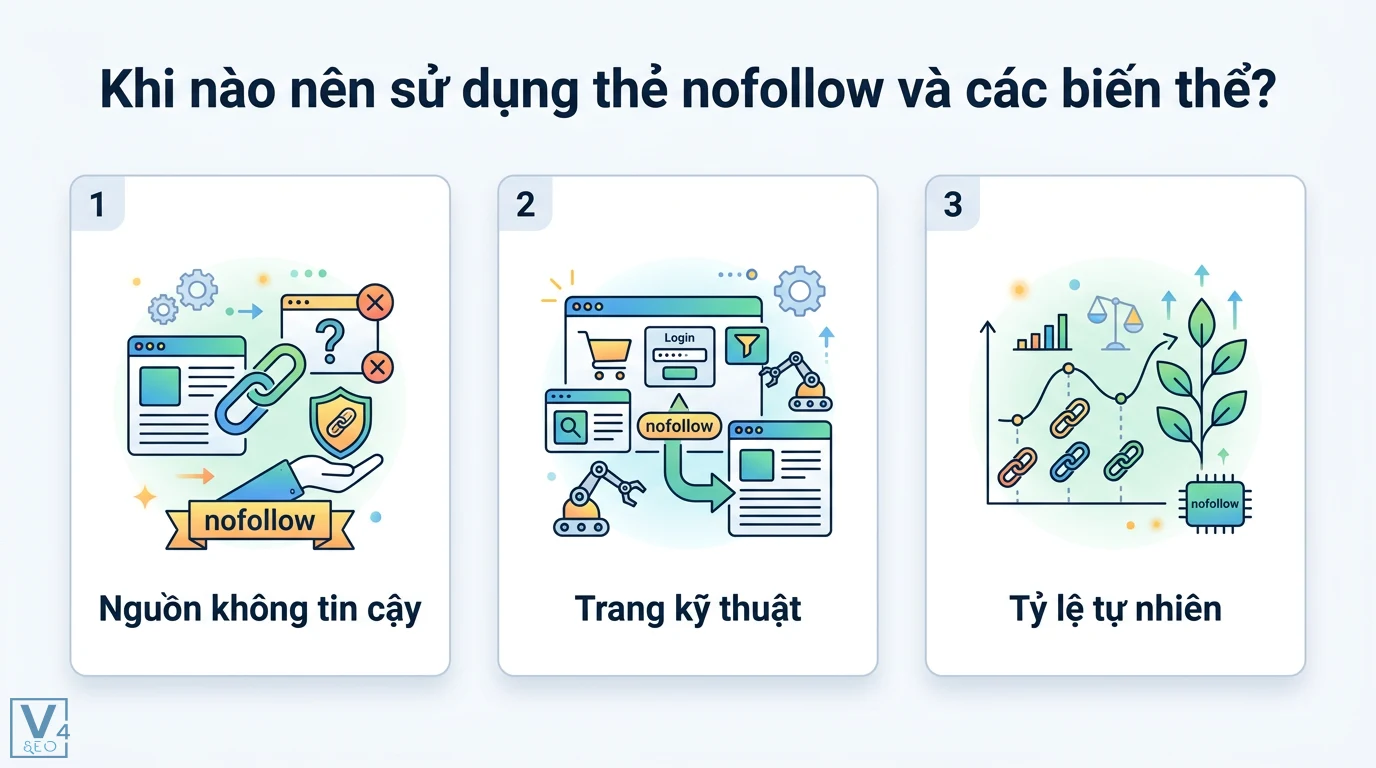 Nofollow là gì? Cách dùng rel="nofollow", sponsored và ugc chuẩn SEO 2 Cách sử dụng thẻ nofollow cho nguồn không tin cậy, tối ưu ngân sách cào tại trang kỹ thuật và duy trì tỷ lệ liên kết tự nhiên cho website