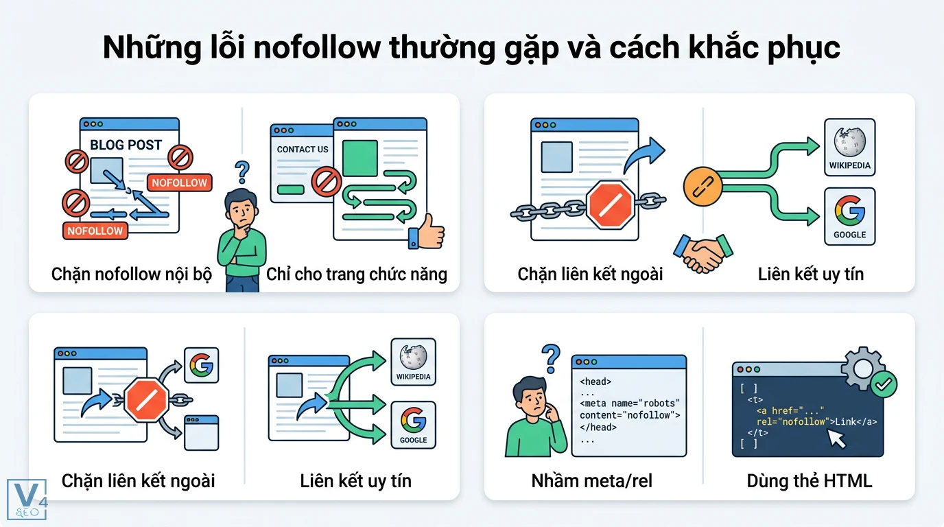 Nofollow là gì? Cách dùng rel="nofollow", sponsored và ugc chuẩn SEO 3 Lỗi nofollow thường gặp như chặn liên kết nội bộ, link ngoài uy tín và nhầm lẫn giữa thẻ meta robots với thuộc tính rel nofollow trong mã HTML