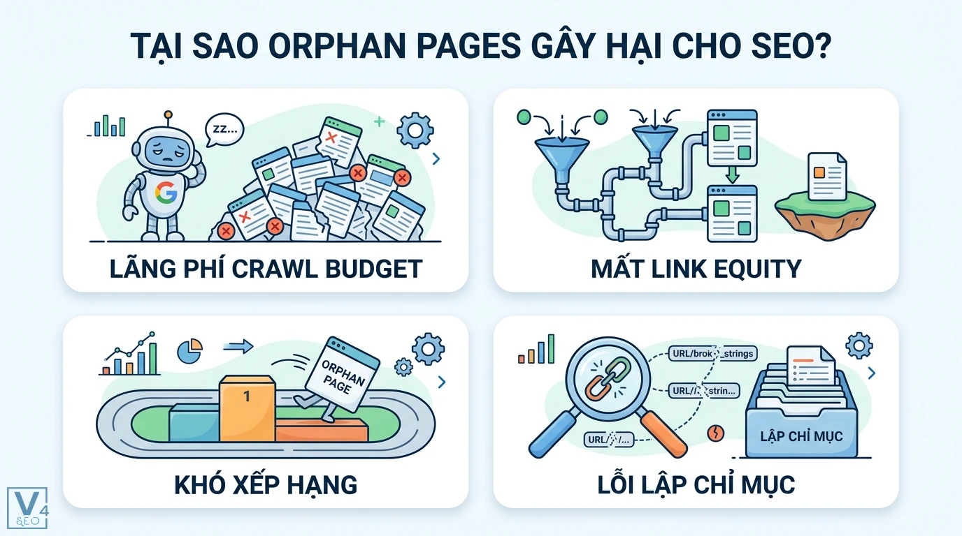 Orphan pages là gì? Cách tìm và xử lý trang mồ côi chuẩn kỹ thuật 1 Orphan pages gây lãng phí crawl budget, làm mất link equity, cản trở xếp hạng và phát sinh các lỗi lập chỉ mục tác động tới SEO website