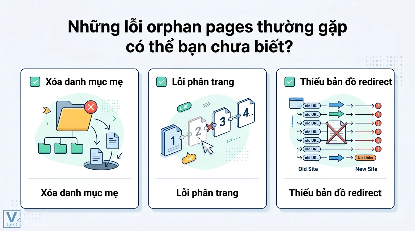 Orphan pages là gì? Cách tìm và xử lý trang mồ côi chuẩn kỹ thuật 3 Lỗi orphan pages do xóa danh mục mẹ, hệ thống phân trang mất liên kết nội bộ và thiếu bản đồ redirect khi chuyển đổi nền tảng website