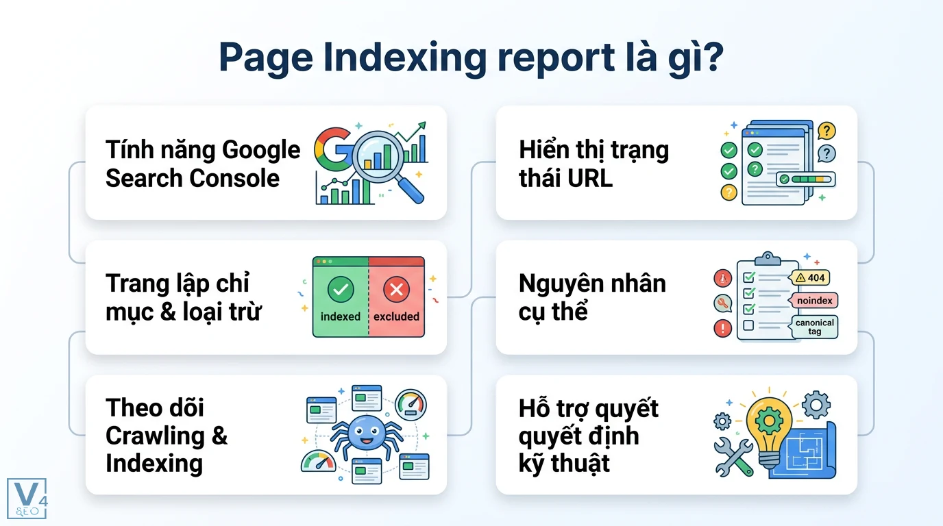 Page indexing report là gì? Hướng dẫn sửa lỗi lập chỉ mục từ A-Z 1 Page Indexing report trong Google Search Console hiển thị trạng thái URL, trang lập chỉ mục, bị loại trừ và các nguyên nhân lỗi kỹ thuật