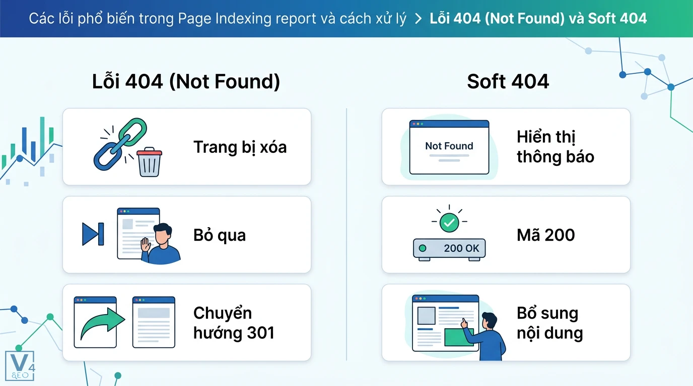 Page indexing report là gì? Hướng dẫn sửa lỗi lập chỉ mục từ A-Z 2 Cách xử lý lỗi 404 và Soft 404 gồm chuyển hướng 301 cho trang bị xóa, bỏ qua hoặc bổ sung nội dung và sửa mã trạng thái 200
