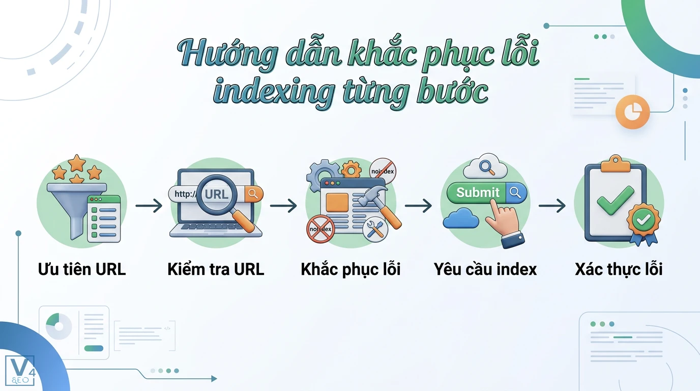 Page indexing report là gì? Hướng dẫn sửa lỗi lập chỉ mục từ A-Z 3 Quy trình khắc phục lỗi indexing gồm ưu tiên URL, kiểm tra URL, sửa lỗi website, yêu cầu lập chỉ mục và xác thực trên Search Console