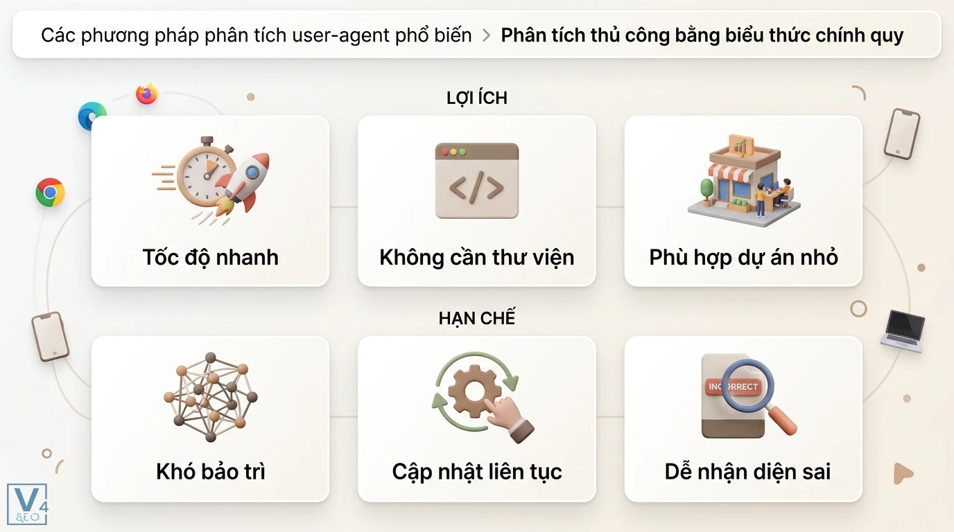 Parse user-agent là gì? Cách phân tích và công cụ bóc tách dữ liệu 2 Phân tích user-agent bằng biểu thức chính quy với ưu điểm tốc độ nhanh, không cần thư viện cùng hạn chế về bảo trì và rủi ro nhận diện sai
