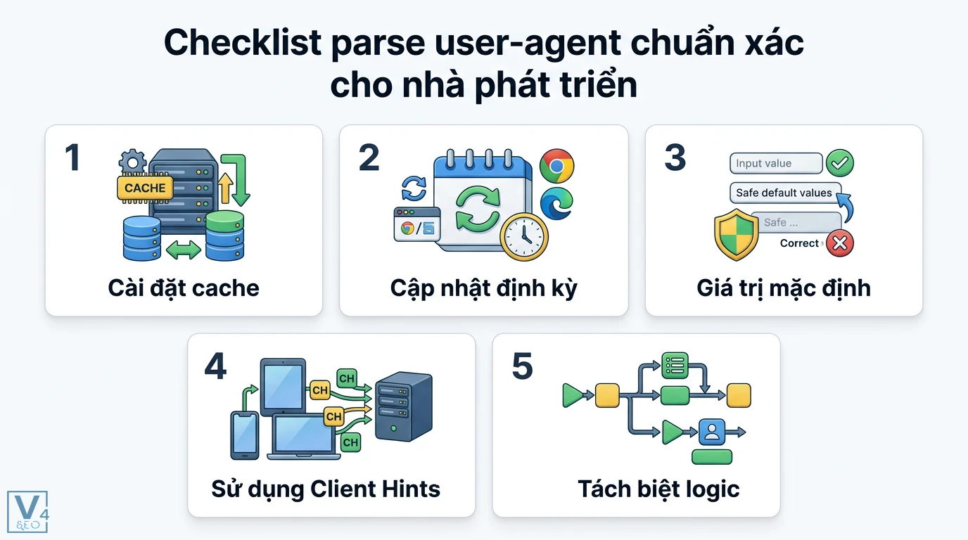 Parse user-agent là gì? Cách phân tích và công cụ bóc tách dữ liệu 3 Checklist parse user-agent chuẩn xác gồm cài đặt cache, cập nhật định kỳ, giá trị mặc định, dùng Client Hints và tách biệt logic xử lý