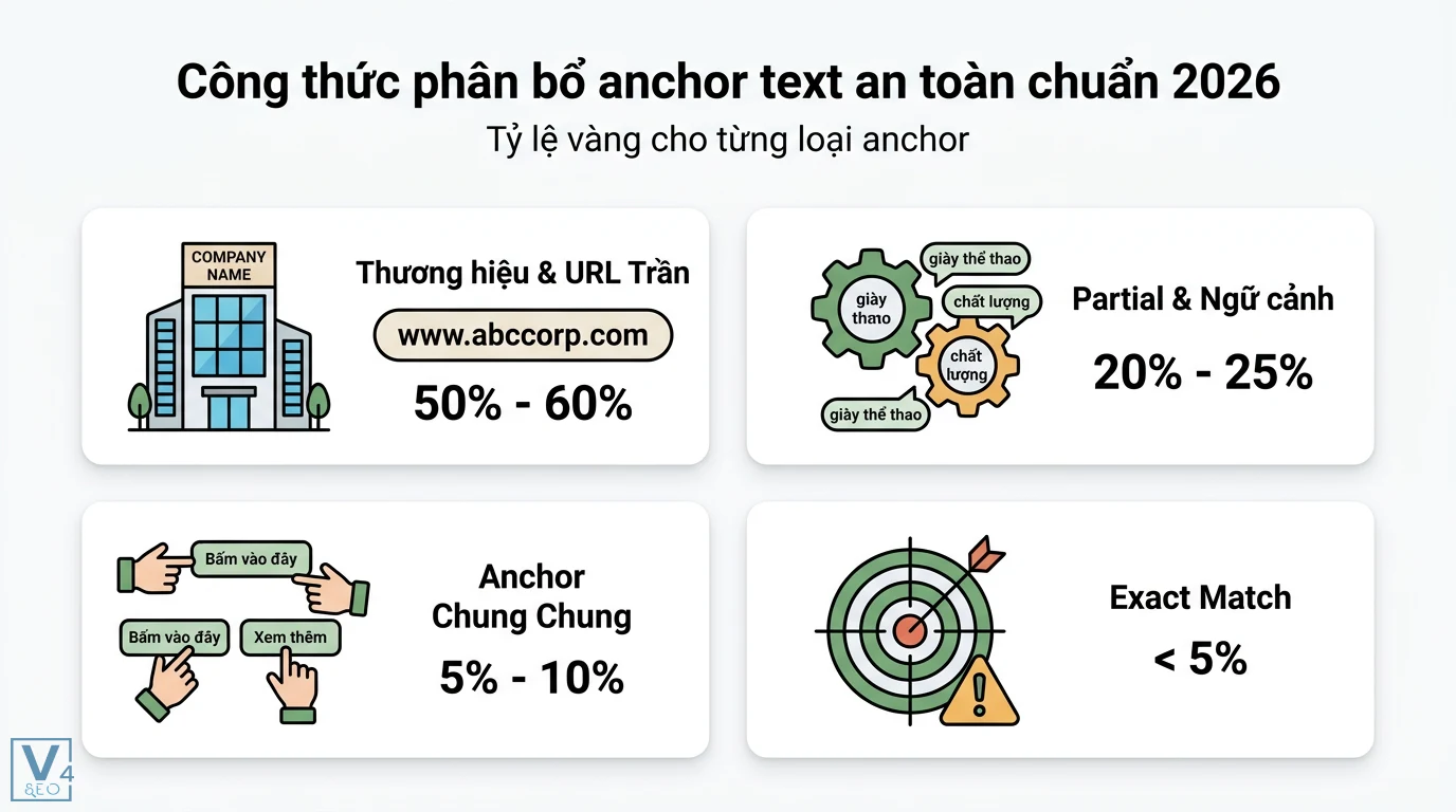 Phân bổ anchor là gì? Cách tối ưu tỷ lệ anchor text chuẩn 2026 2 Công thức phân bổ anchor text an toàn 2026 gồm Thương hiệu 50-60%, Partial Match 20-25%, Anchor chung 5-10% và Exact Match dưới 5%