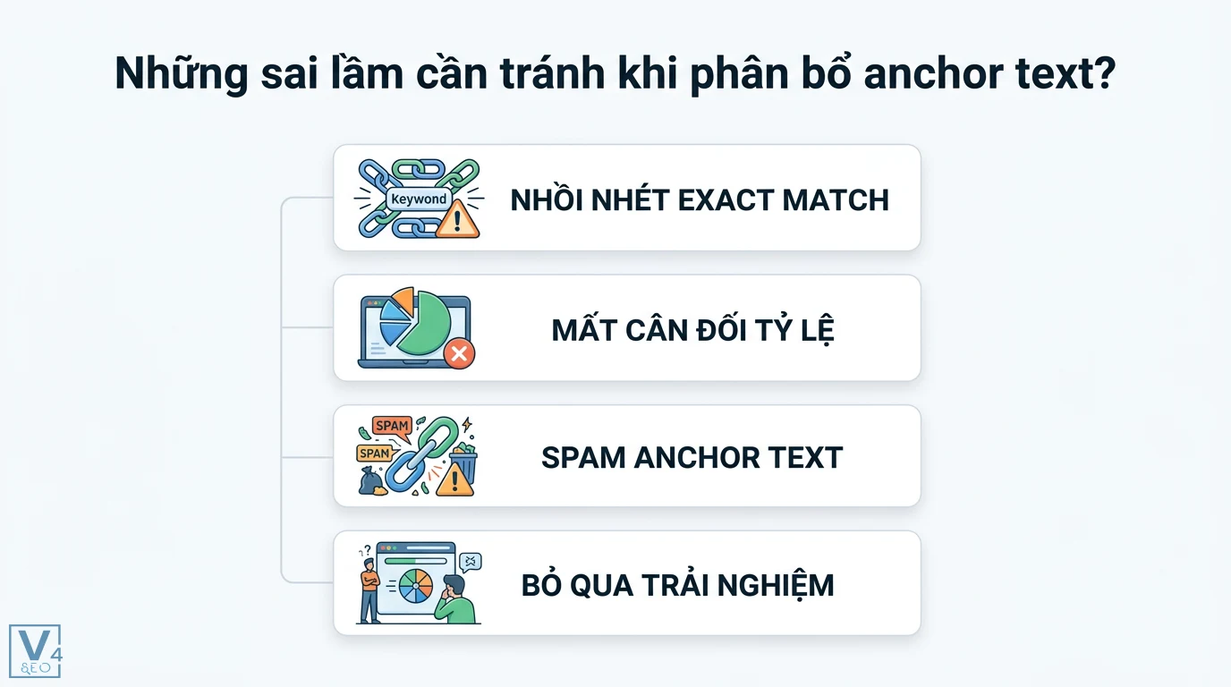 Phân bổ anchor là gì? Cách tối ưu tỷ lệ anchor text chuẩn 2026 3 Sai lầm khi phân bổ anchor text gồm nhồi nhét exact match, mất cân đối tỷ lệ, spam anchor text và bỏ qua tối ưu trải nghiệm người dùng